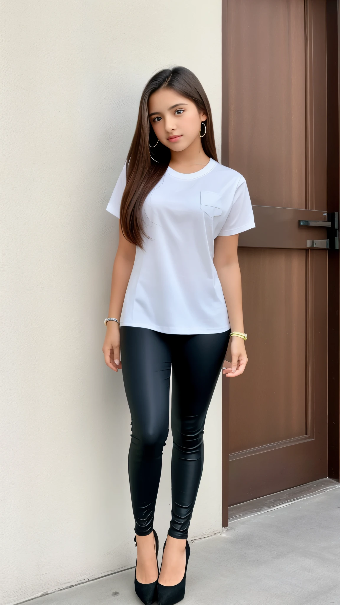 Beautiful 13 year old Latina teen, short sleeve shirt, leggings, high heels, full body