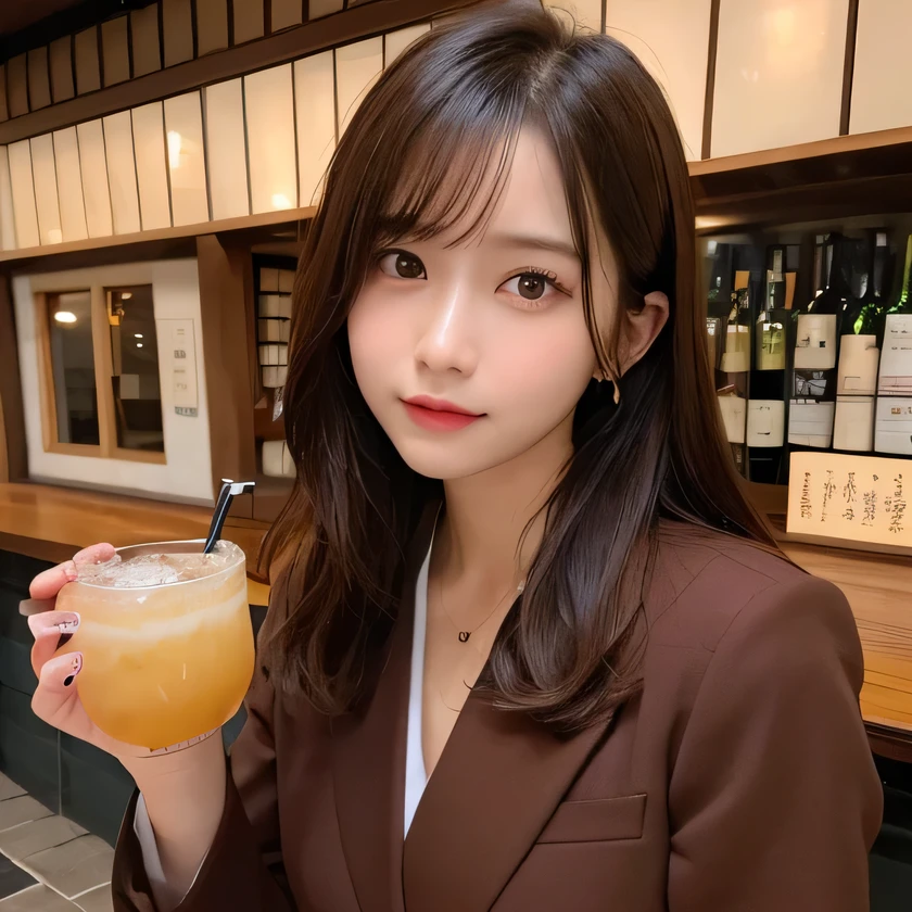 table top, highest quality, figure, super detailed, finely, High resolution, 8k wallpaper, 完璧なダイナミックな構figure, detailed and beautiful eyes, (brown suit, suit), medium hair, natural color lip, random sexy poses, (Izakaya, drink alcohol), 20 year old girl, lifelike face, real looking skin, realistic eyes, cute