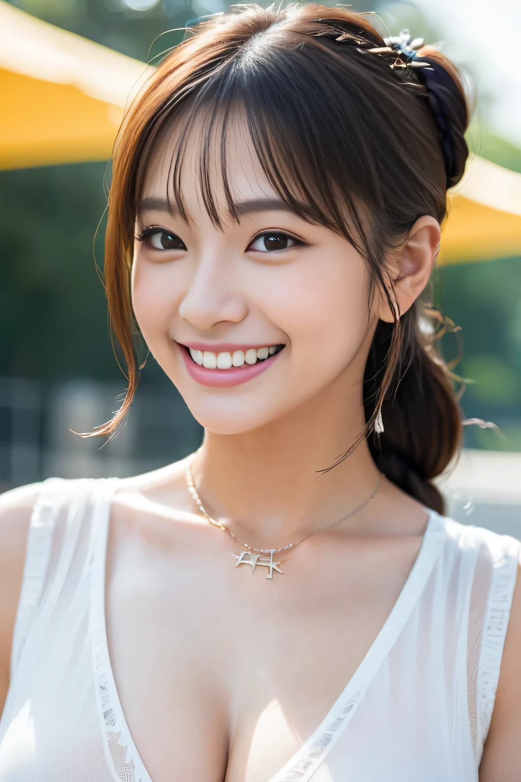solo girl,stand in the park,casual summer knit dresses,(flower hair ornament,Braided top knot,Twisted side part ponytail braided headband,half up、Braided Space Van,voluminous fishtail braid,Twisted pan),(The bangs are see-through bangs),(((emphasize the chest:1.3))),(dynamic angle),(dynamic and sexy pose),(lean forward:1.3),(((a majestic statue))),Disturbance of clothing due to movement,Breast flick,hairpin,necklace,earrings,Beautiful woman,.perfect face,With a round face,(A smile that makes people happy:1.7),big and full breasts,,intricate details,very delicate and beautiful hair,realistic,dream-like,realistic shadow,focus only,beautiful hands,beautiful fingers,Detailed functions of fingers,Detailed features of the garment,Detailed characteristics of hair,detailed facial features,、(professional lighting),(Photoreal:1.3),(RAW photo.),(highest quality,Ultra high resolution output image,) ,(8K quality,),(Image mode Ultra HD,)