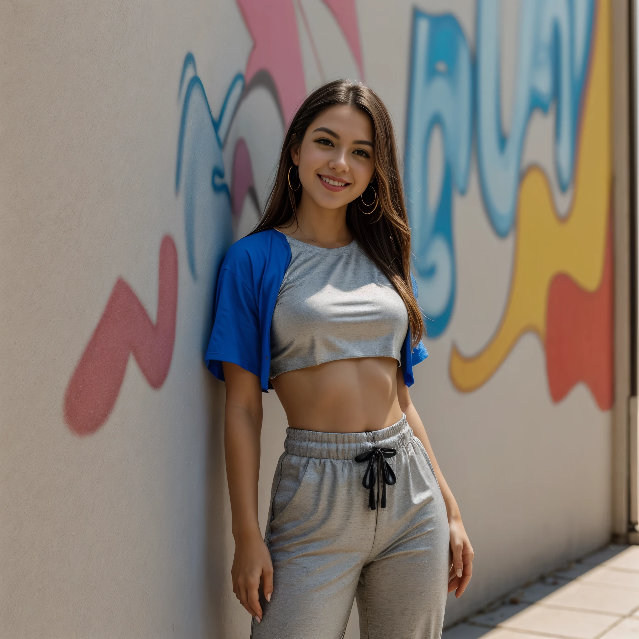 gorgeous cute Austrian WOMAN, smiling, (crop top), Steel gray hair loose braided hair, comics printed shirt, oversized jogger pants, lean against the wall, backstreet, (graffiti on the wall), hip-hop, smiling, hands in pockets, perfectly symmetrical face, detailed skin, vivid colours, HDR, hard shadows, art photography, soft focus, masterpiece, breathtaking, atmospheric perspective, diffusion, pore correlation, skin imperfections, 80mm Sigma f2, depth of field, intricate natural lighting