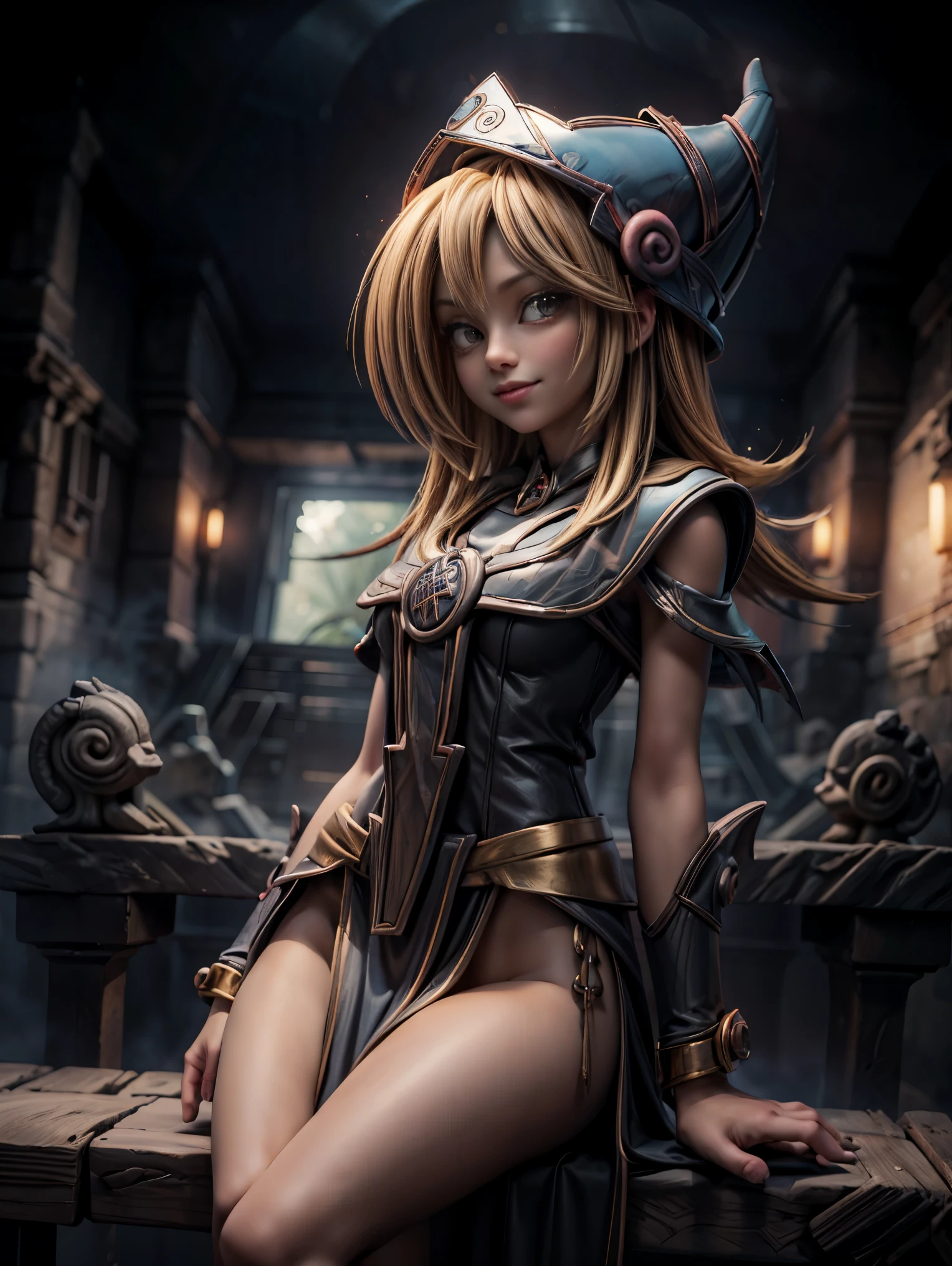 25 year old woman is Dark magician gils Mayan version she is standing, Magic hearts background. Sonrisa en sus labios. Ojos celestes. blond hair. ruinas mayas . Un ave quetzal vuela a su alrededor