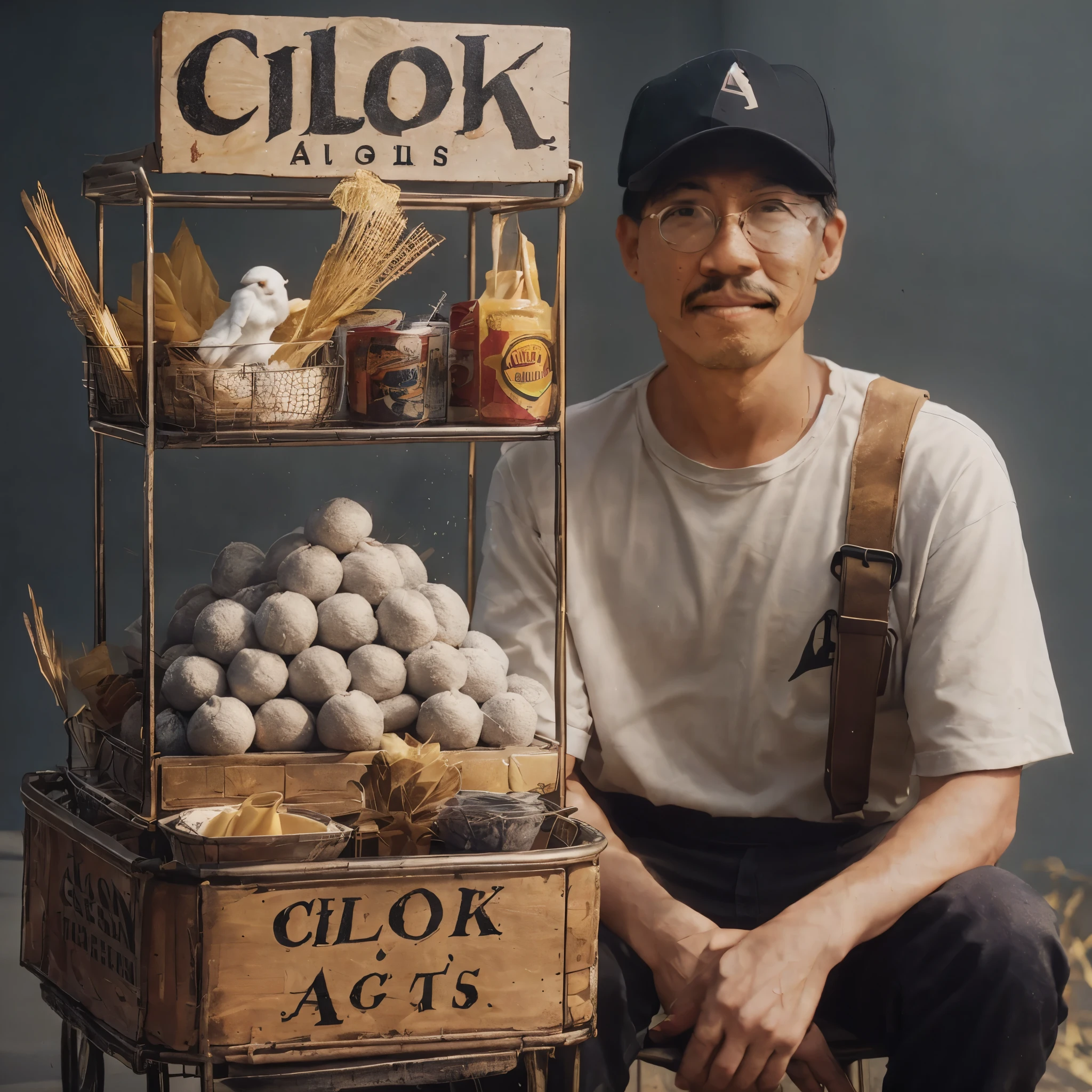 there is a man sitting next to a cart of food, inspired by Alson S. Clark, by Alson S. Clark, anton, (((luke chueh))), food commercial 4 k, in the design of eliot kohek, with chicks, cgi 8k, erwin olaf, inspired by Julius Klinger, commercial shot, nostalgic 8k