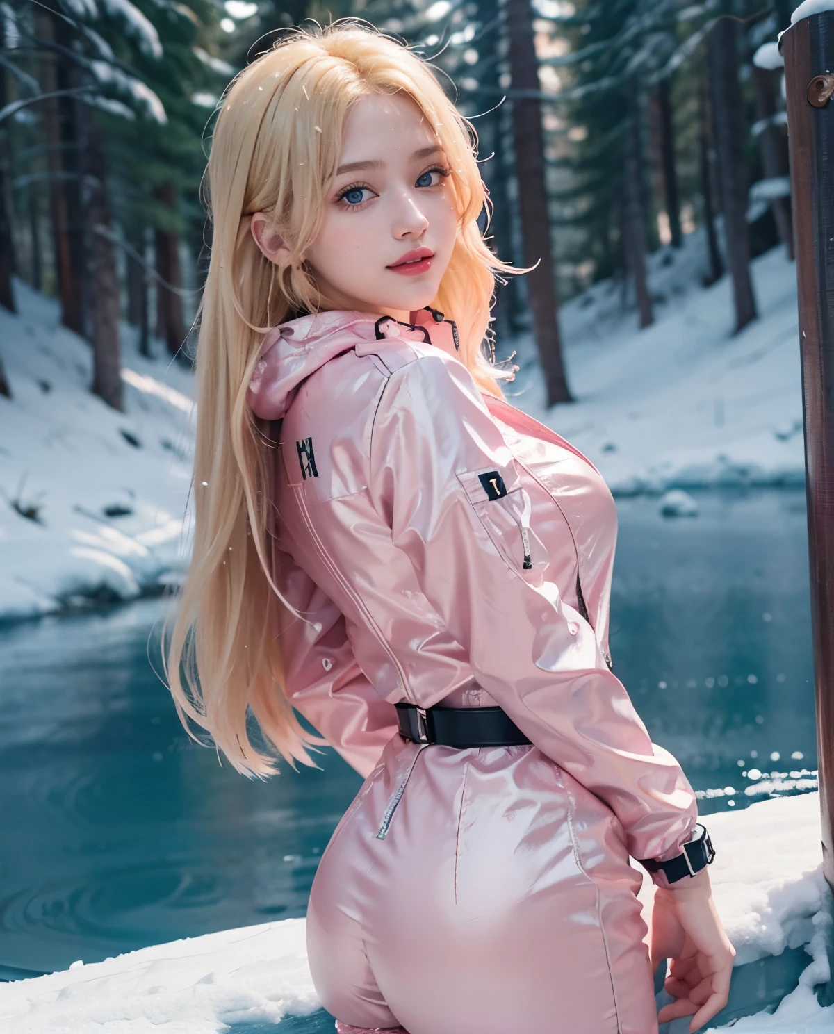 1girl, (Blue Eyes), (smiling), (Sana Minatozaki), wide hips, Big tits, big ass, (Best Quality, 8k, Masterpiece: 1.3), Clear Focus: 1.2, Perfect Body Beauty: 1.4, strong abs :1.2, Highly detailed face and skin texture, detailed eyes, double eyelids, black lined eyes, red lips, (blond long hair), (pink waterproof :1.2), (ski jumpsuit :1.2), standing, dynamic pose, on a snowy mountain, on top of a mountain, snowing, very cold, pine trees in the background, blurred background