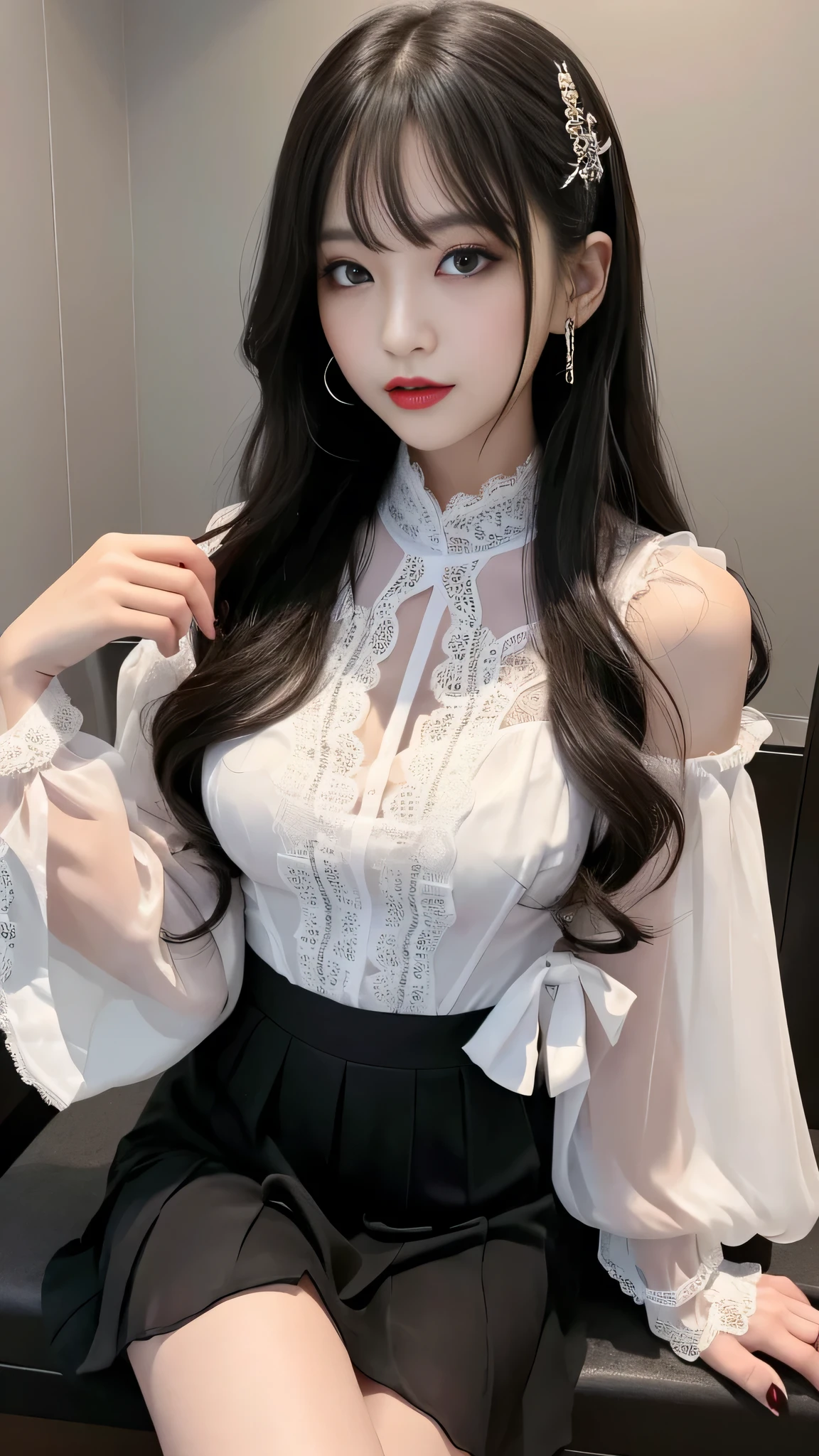 ((Long wavy hair))、piercings、shirt with collar、Long bangs、(((Inside a cool clothing store)))、(tmasterpiece、top-quality、in 8K、32K、masterpiece、nffsw、ultra gigantic tits、超A high resolution、Impresionismo、Photorealsitic:1.2)、cowboy shot、foco nítido、Beautiful face with detailed face and eyelid background、blue open sky、shinny skin、Sharp pupils、Realistic eyes and beautiful face、blurry backround、18 year old beautiful girl、shinny skin、(((bright and beautiful hair)))、Black eyes、(((puff sleeve lace blouse)))、(Knee-length skirt)、(Very small(blanche)I see scanti:1.45)、thighs thighs thighs thighs、Curve、Dynamic Poses、Powerful composition、((Melancholy look))、((A look of contempt))、Sweating、((pink beige hair color))、Lace panties、((Sauce order))、lofty nose、(small mouth)、skirt rift、((Grabbing the skirt))、stockings、Pubic hair is visible、store clerk、(Wearing a name tag)