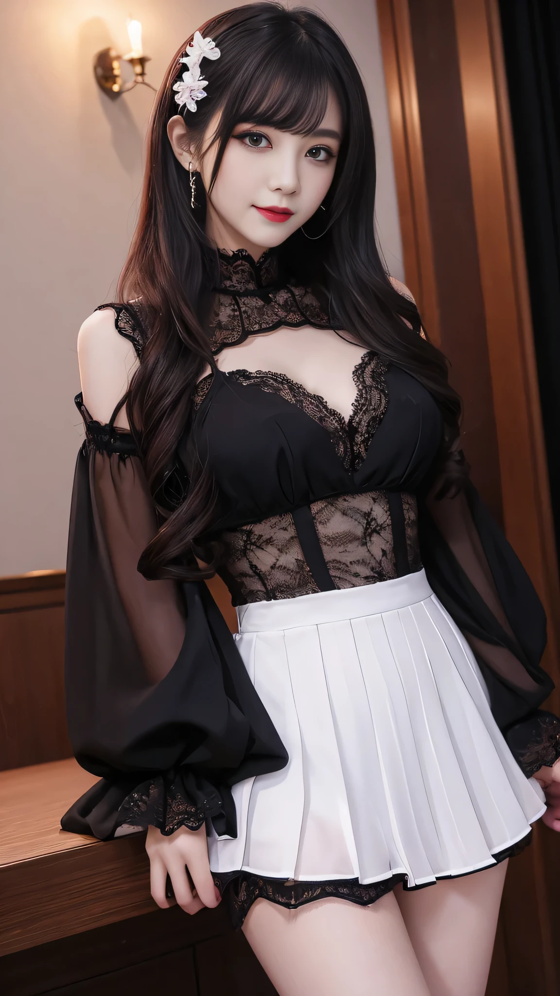 Super detailed、Japanese、charming beauty、seductive adult woman、Beautiful woman、sharp eyes、cool girl、wavy hair、Black chiffon、lace fabric、wide sleeve、wearing a lace insert dress、white blouse、pleated skirt、Lustrous legs、evil depravity、brainwashing、Mind control、put lipstick on your mouth、grin、evilな表情、evil、empty eyes、evil、church at night、vampire、evil woman、witch、Makeup tools