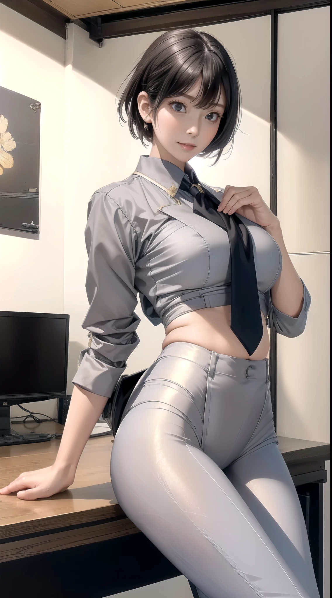 (highest quality, 8k, 32K, masterpiece, Hmm:1.2), 1 girl, beautiful japanese woman, tight waist, grey suit, white shirt, office lady, suit, georgette pants, from behind, office room, machine, (stick out your butt:1.2), detailed face, short hair,