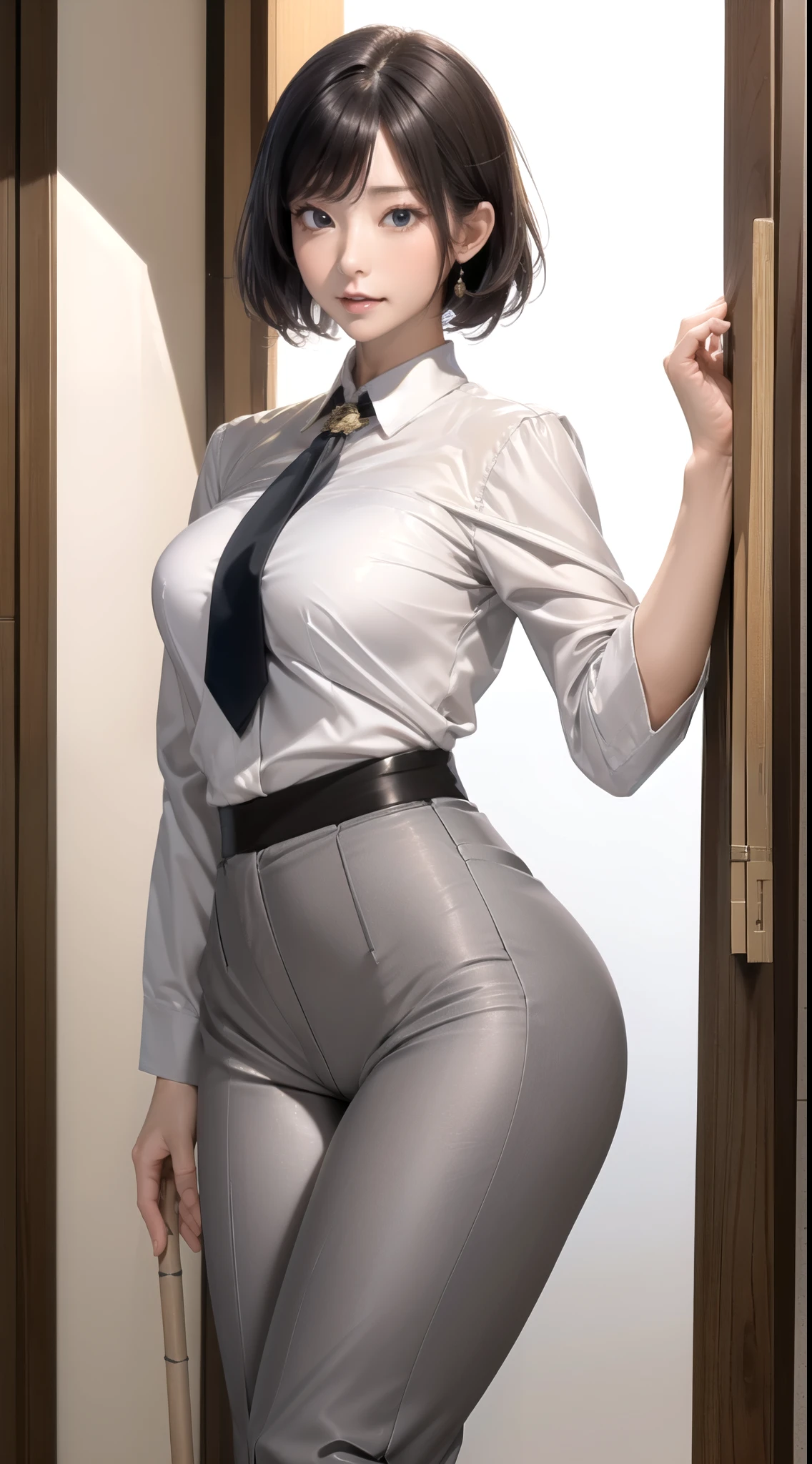 (highest quality, 8k, 32K, masterpiece, Hmm:1.2), 1 girl, beautiful japanese woman, tight waist, grey suit, white shirt, office lady, suit, georgette pants, from behind, office room, machine, (stick out your butt:1.2), detailed face, short hair,