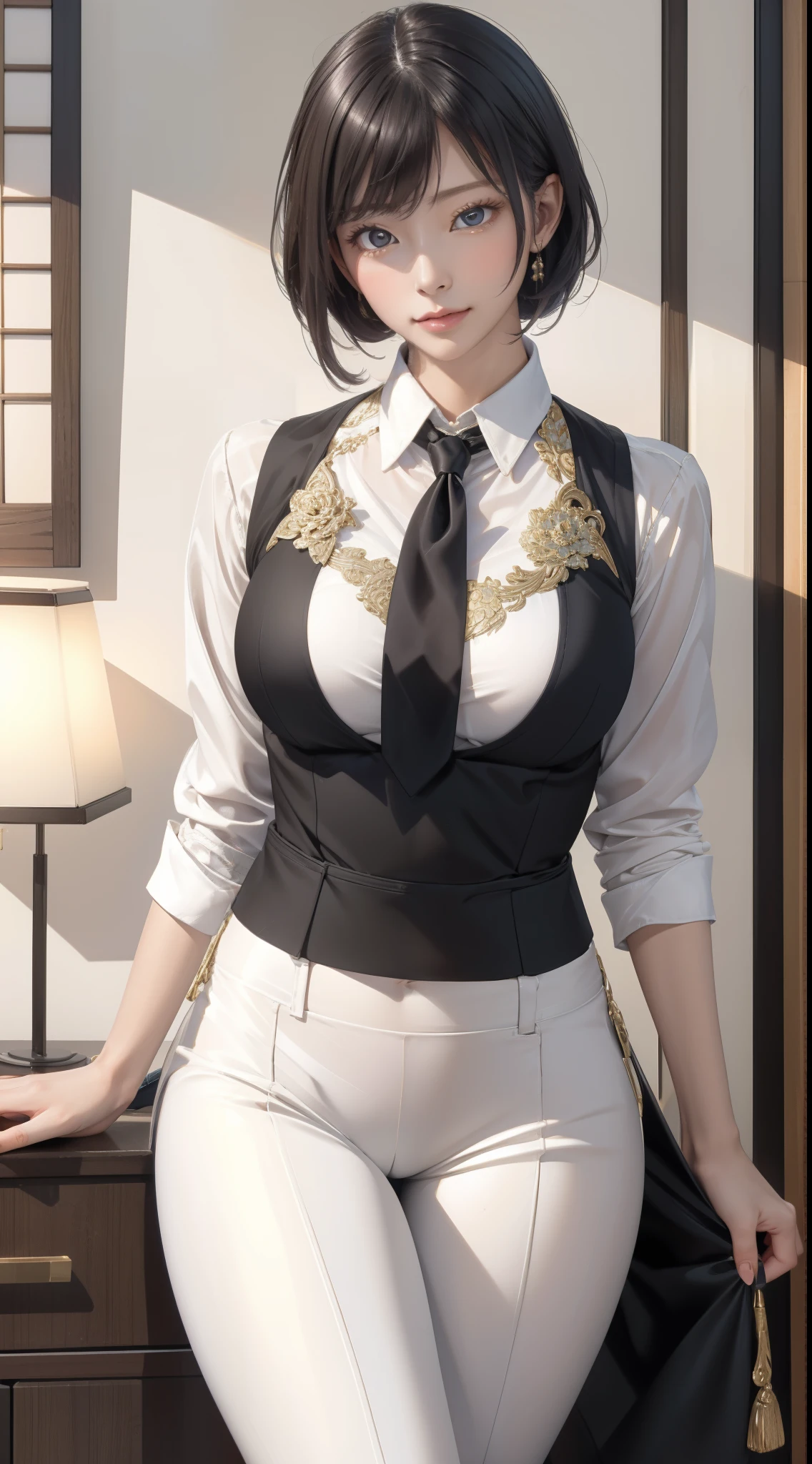 The prompt: (best quality, 8k, 32k, masterpiece:1.2), 1 girl, beautiful Japanese woman, toned waist, grey suit, white shirt, office lady, suit, georgette pants, from behind, office room, desk, (slightly sticking out buttocks:1.2), detailed face, short hair, In this high-quality artwork, a beautiful Japanese woman is depicted wearing a grey suit with a white shirt. She exudes professionalism and confidence as an office lady. The scene is set in an office room, with a desk in the background. The woman is seen from behind, showcasing her toned waist and the perfect fit of her suit. Her georgette pants give a touch of elegance and sophistication to her outfit. The focus of the artwork is on the woman's detailed face. She has short hair that frames her face beautifully. The artist has paid attention to every intricate detail, capturing her beauty and grace. Additionally, her slightly sticking out buttocks enhance her feminine silhouette. The overall image quality is of the highest standard, with a resolution of 8k or even 32k. The artwork is considered a masterpiece, created with utmost precision and artistry. The composition is meticulous, ensuring every aspect is portrayed with clarity and realism. The art style chosen for this piece leans towards portraiture, emphasizing the subject's beauty and capturing her essence as a Japanese office lady. The color palette used in the artwork is harmonious and complementary, enhancing the overall aesthetics. To further enhance the visual experience, the lighting is meticulously crafted, showcasing the woman's features and adding depth to the scene. The artist has applied professional techniques to create a lifelike image, with sharp focus and vivid colors.