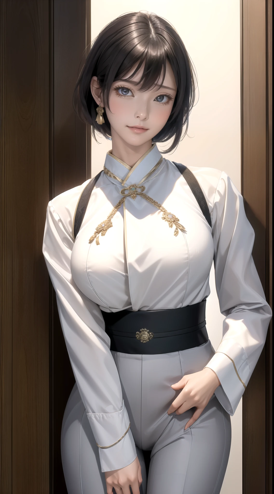 The prompt: (best quality, 8k, 32k, masterpiece:1.2), 1 girl, beautiful Japanese woman, toned waist, grey suit, white shirt, office lady, suit, georgette pants, from behind, office room, desk, (slightly sticking out buttocks:1.2), detailed face, short hair, In this high-quality artwork, a beautiful Japanese woman is depicted wearing a grey suit with a white shirt. She exudes professionalism and confidence as an office lady. The scene is set in an office room, with a desk in the background. The woman is seen from behind, showcasing her toned waist and the perfect fit of her suit. Her georgette pants give a touch of elegance and sophistication to her outfit. The focus of the artwork is on the woman's detailed face. She has short hair that frames her face beautifully. The artist has paid attention to every intricate detail, capturing her beauty and grace. Additionally, her slightly sticking out buttocks enhance her feminine silhouette. The overall image quality is of the highest standard, with a resolution of 8k or even 32k. The artwork is considered a masterpiece, created with utmost precision and artistry. The composition is meticulous, ensuring every aspect is portrayed with clarity and realism. The art style chosen for this piece leans towards portraiture, emphasizing the subject's beauty and capturing her essence as a Japanese office lady. The color palette used in the artwork is harmonious and complementary, enhancing the overall aesthetics. To further enhance the visual experience, the lighting is meticulously crafted, showcasing the woman's features and adding depth to the scene. The artist has applied professional techniques to create a lifelike image, with sharp focus and vivid colors.