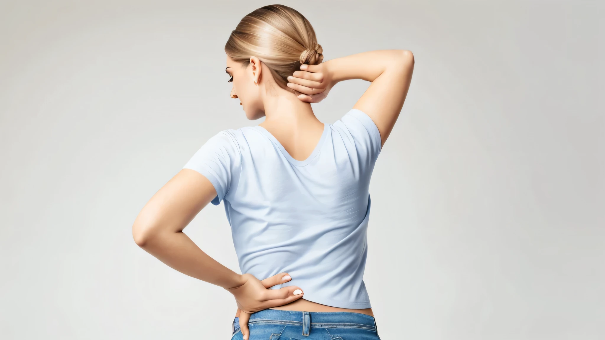 woman with back pain holding hand on hip, tight around the neck, pose de costas, postura relaxada, se recuperando da dor, From front to back, costas viradas, Hands behind your back, from behind, ombros curvados, swollen muscles, showing her shoulder from behind, from behind, shot from behind, vista traseira, she has her back to us, view from behind