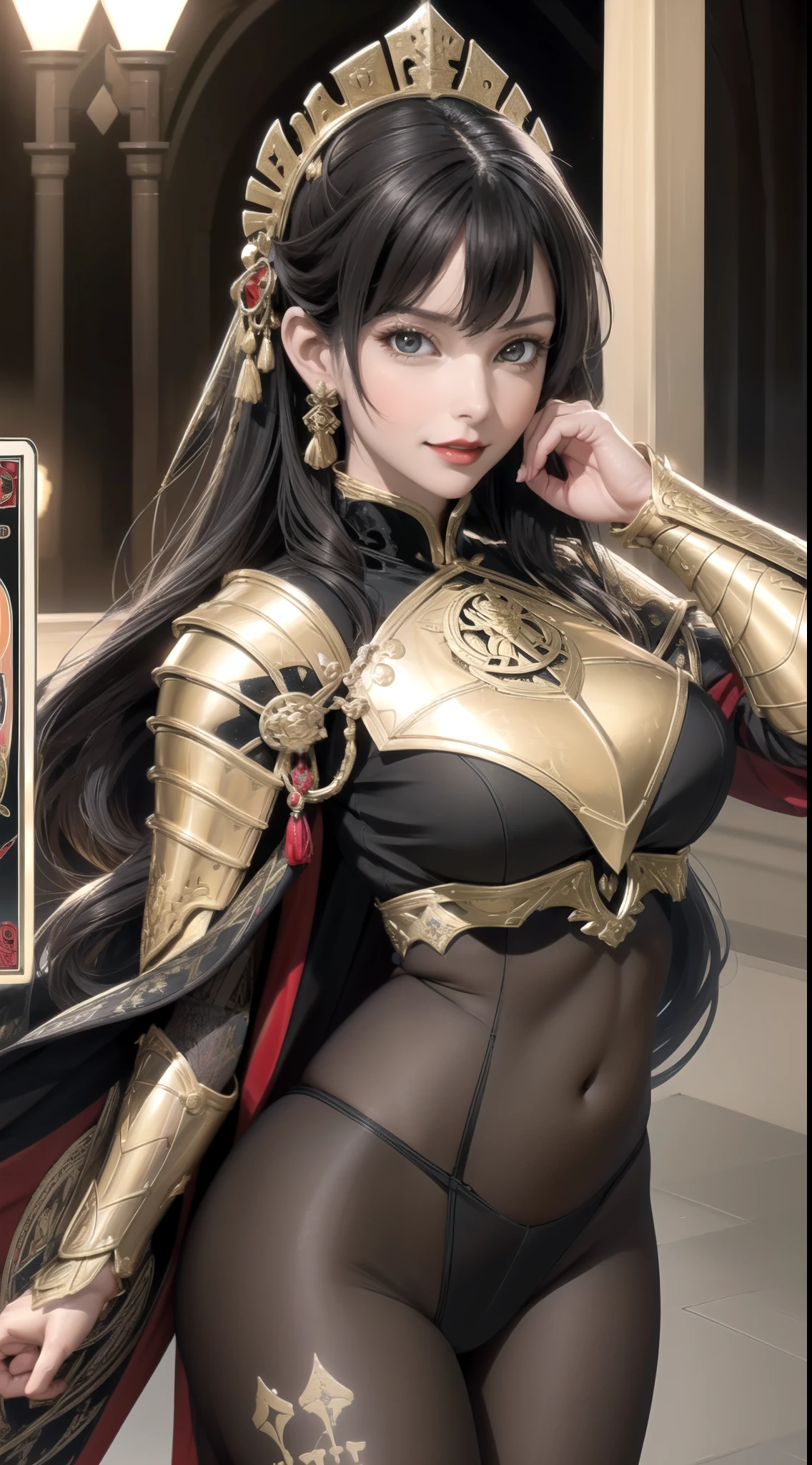 table top, 最high quality, high quality, High resolution, high qualityな質感, high qualityの影, high detail, beautiful, finely, Highly detailed CG, detailed texture, realistic facial expression, realistic, colorful, delicate, cinematic light, side lighting, ((female knight)), Wear a full-hem helmet, Full armor with black decoration, Brown patterned cloak with patterned decoration, , upholstered gloves, Black Pattern See-Through Half Stockings, arafied woman with long hair and red lipstick, ekaterina, profile image, red lips, Sword-holding pose, dynamic pose, A face that screams while glaring, confident smile, professional photos, 30 year old female, 30 year old female, Angie Wolfe, jessica devic photos, professional profile picture, Moleksandra Shasliba, straight black hair, ((Tarot card style design)), ((Trading card style design)), With background, Geometric patterns that imitate spelling letters