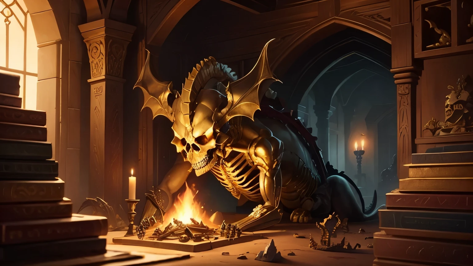 Dragon lair, treasures, gold, skeletons, fantasy, masterpiece