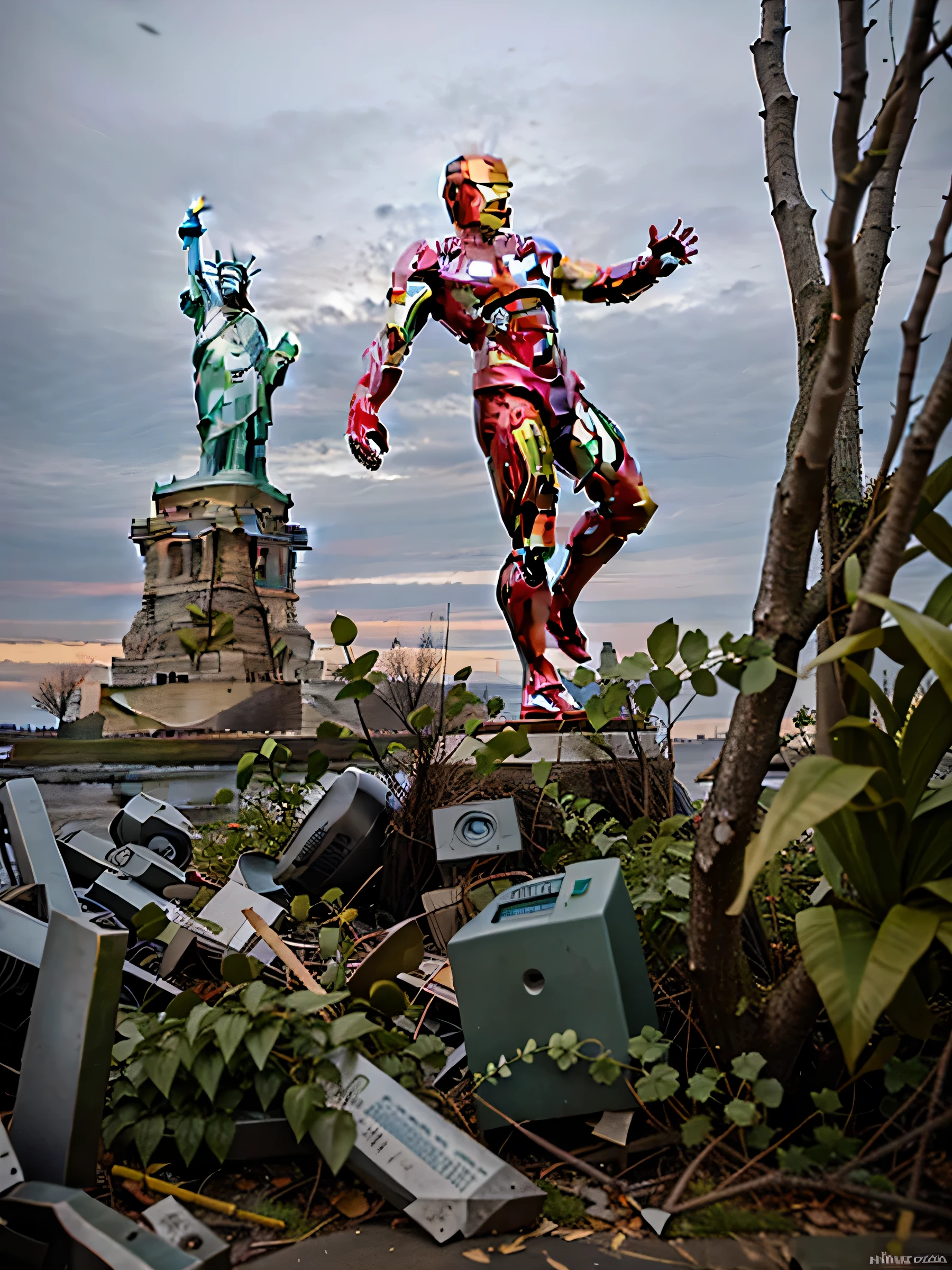 Iron Man, grass and branches on the ground, background with destroyed Statue of Liberty.