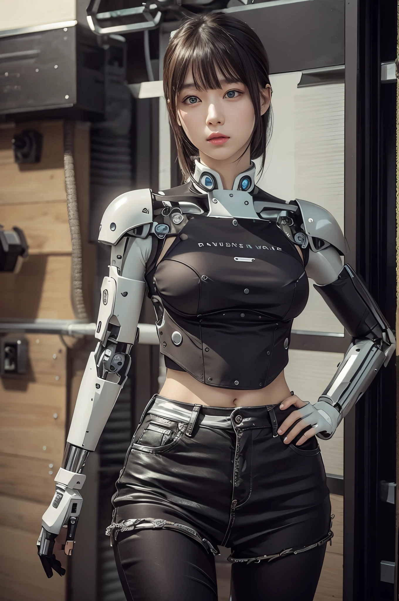 masterpiece, best quality, extremely detailed, Japanese android girl,Plump ,control panels,robot arms,robot,android,cyborg,white robot body,blunt bangs,robot repair plant,skinny pants,boots,blue eyes