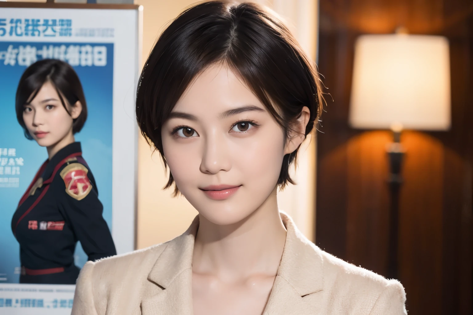 169
Shorthair, a 20 yo woman, gentle smile, working suit, spy movie poster