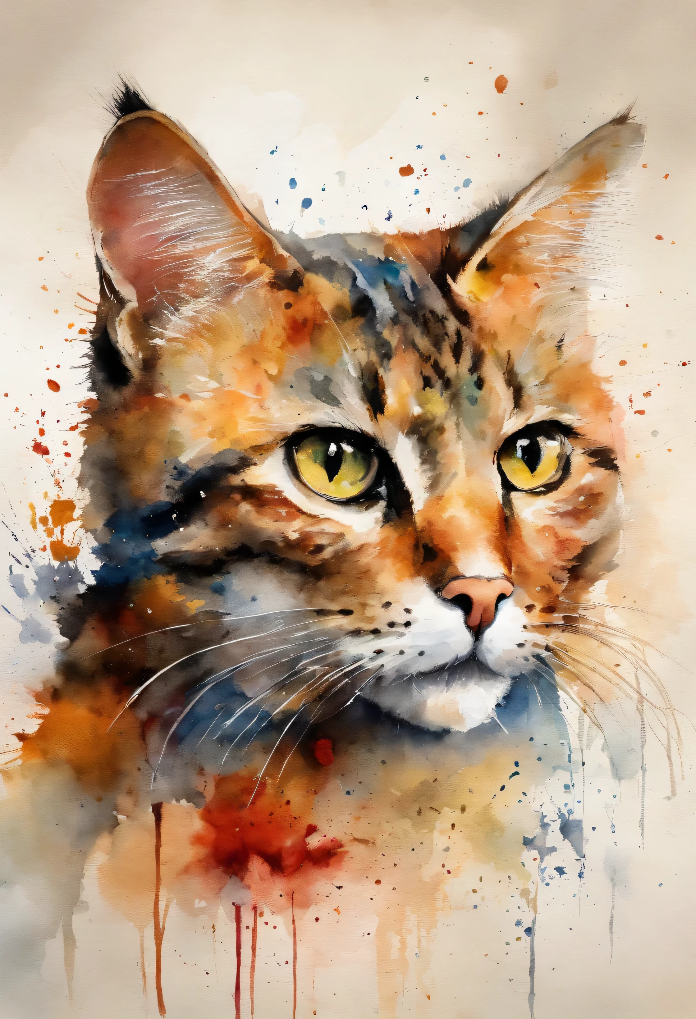a warm painting OF A TABBY CAT with a splatter background and a spray paint effect, Teniente Eugeniusz Zak, arte de la acuarela, Sr. lotz karoly, pintura de acuarelaing, pintura de acuarelaing style, arte detallado de acuarela, por Rubén Tam, pintura digital de acuarela, pintura de acuarela, acuarela magistralmente detallada, arte de la acuarela, Grzegorz Rutkowski