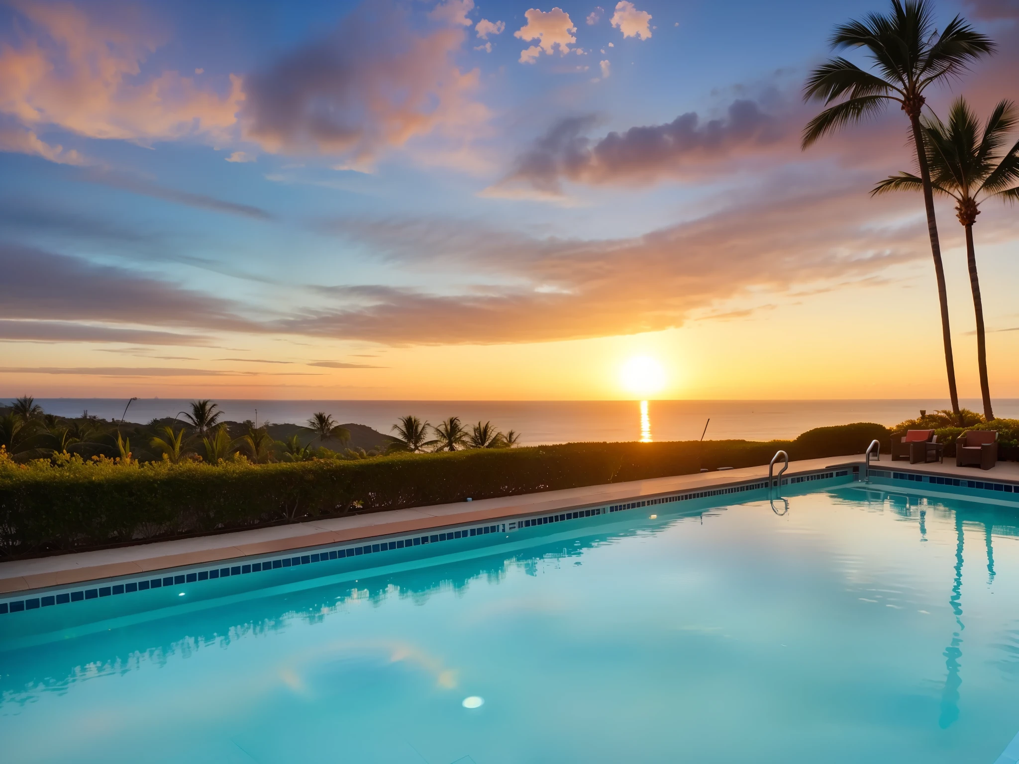 arafed view of a pool with a sunset in the background, sunset view, overlooking the ocean, as the sun sets on the horizon, morning golden hour, paradise in the background, ocean view, sunset sunrise, gorgeous view, stunning view, amazing view, stunning vista, stunning masterpiece, infinity pool, sun down, long view, views to the ocean, breathtaking shot