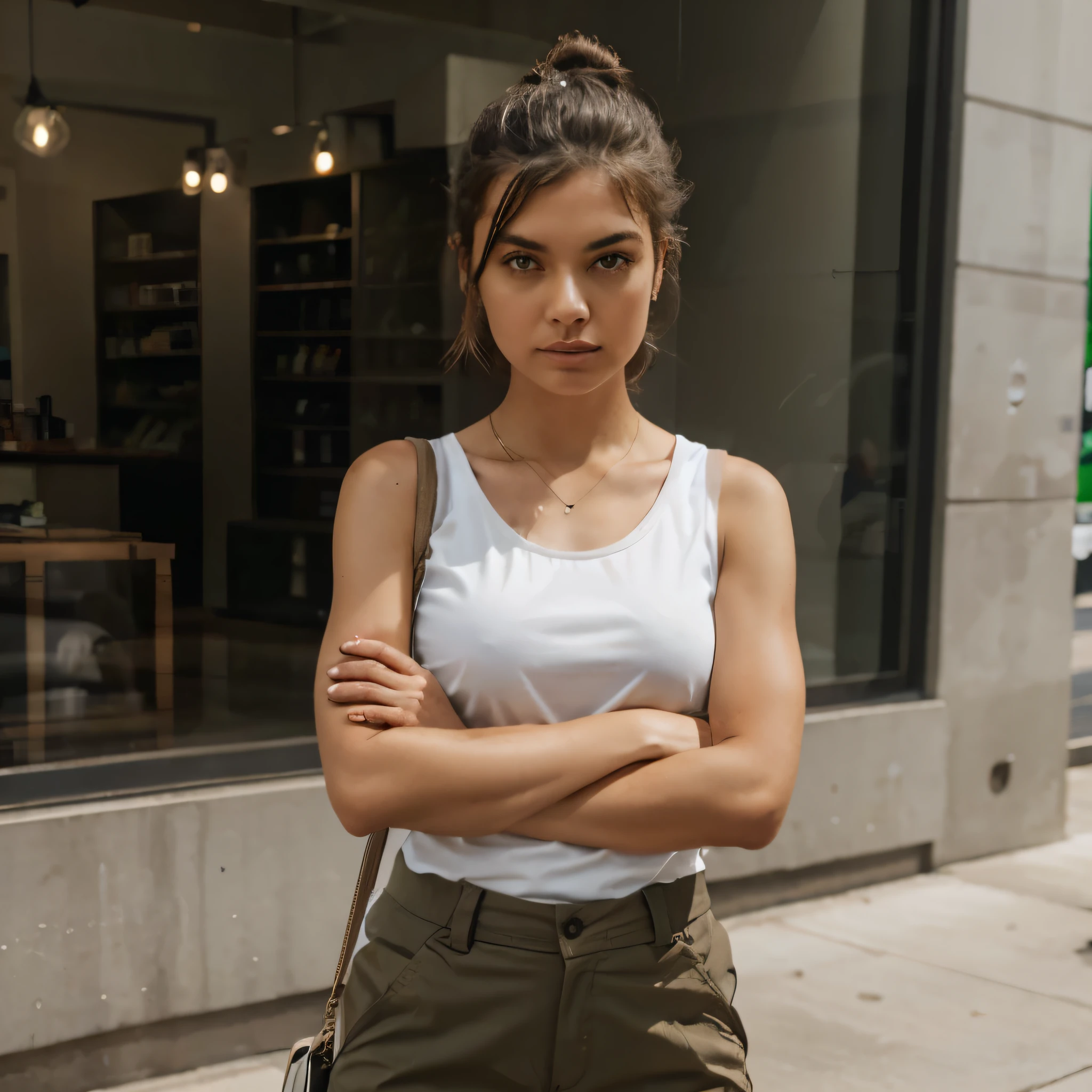 Arms crossed a bag on the arm cargo pants girl