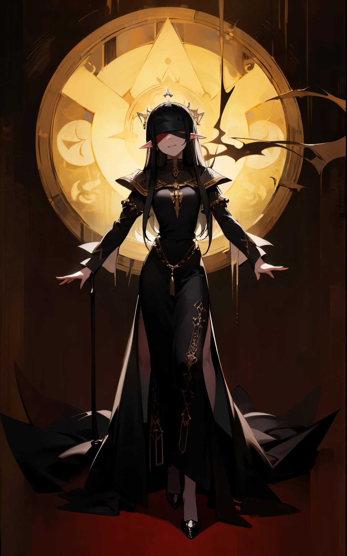 ((priestess of dark god)), (masterpiece, sidelighting, finely detailed), ((best quality)), ((masterpiece)), pointy ears, (highly detailed:1.3), (full body portrait), young woman, (long black dress, dress with loose sleeves, dress surrounded by black fog), pale skin, smirk, devilish grin, (long hair, black hair, messy haircut), 1girl, solo, ((candid pose)), ((blindfold))