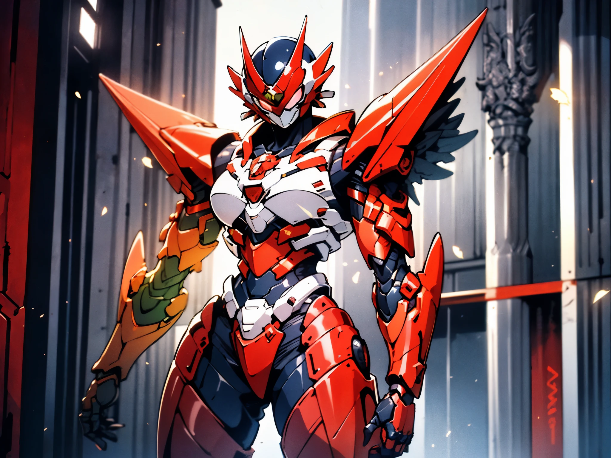 A woman adorned in fantasy-style full-body armor, a crown-concept fully enclosed helmet that unveils only her eyes, a composite layered chest plate, fully encompassing shoulder and hand guards, a lightweight waist armor, form-fitting shin guards, the overall design is heavy-duty yet flexible, ((the armor gleams with a golden glow, complemented by red and blue accents)), exhibiting a noble aura, she floats above a fantasy-surreal high-tech city, this character embodies a finely crafted fantasy-surreal style armored hero in anime style, exquisite and mature manga art style, (Queen bee mixed with Spider concept Armor, plasma, blood), ((Element, energy, elegant, goddess, femminine:1.5)), metallic, high definition, best quality, highres, ultra-detailed, ultra-fine painting, extremely delicate, professional, anatomically correct, symmetrical face, extremely detailed eyes and face, high quality eyes, creativity, RAW photo, UHD, 32k, Natural light, cinematic lighting, masterpiece-anatomy-perfect, masterpiece:1.5