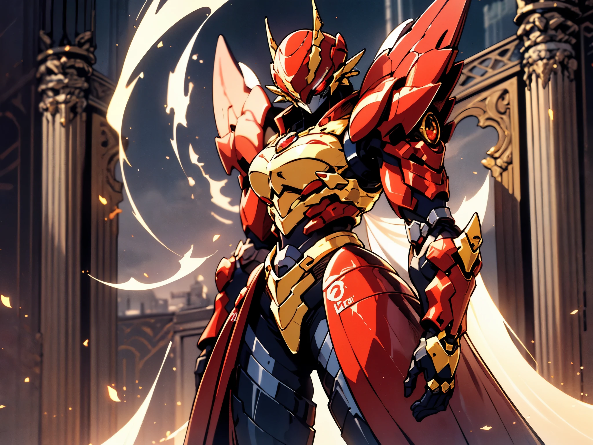 A woman adorned in fantasy-style full-body armor, a crown-concept fully enclosed helmet that unveils only her eyes, a composite layered chest plate, fully encompassing shoulder and hand guards, a lightweight waist armor, form-fitting shin guards, the overall design is heavy-duty yet flexible, ((the armor gleams with a golden glow, complemented by red and blue accents)), exhibiting a noble aura, she floats above a fantasy-surreal high-tech city, this character embodies a finely crafted fantasy-surreal style armored hero in anime style, exquisite and mature manga art style, (Queen bee mixed with Spider concept Armor, plasma, blood), ((Element, energy, elegant, goddess, femminine:1.5)), metallic, high definition, best quality, highres, ultra-detailed, ultra-fine painting, extremely delicate, professional, anatomically correct, symmetrical face, extremely detailed eyes and face, high quality eyes, creativity, RAW photo, UHD, 32k, Natural light, cinematic lighting, masterpiece-anatomy-perfect, masterpiece:1.5