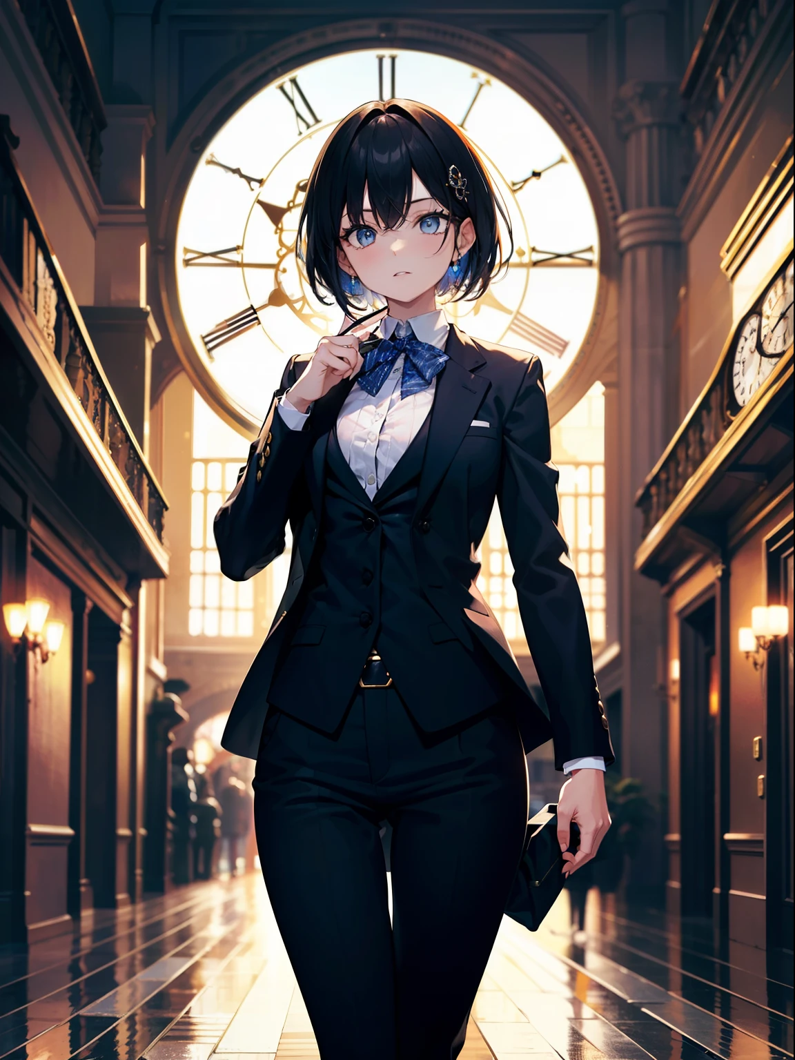 (master piece, better quality, ultra high resolution, Splendid),1girl,formal suit, rosto bonito e detalhado, Olhos detalhados,short fur,em um quarto escuro e gigantesco, mechanical clock, giant clock in background, dynamic light,tema cinza e azul