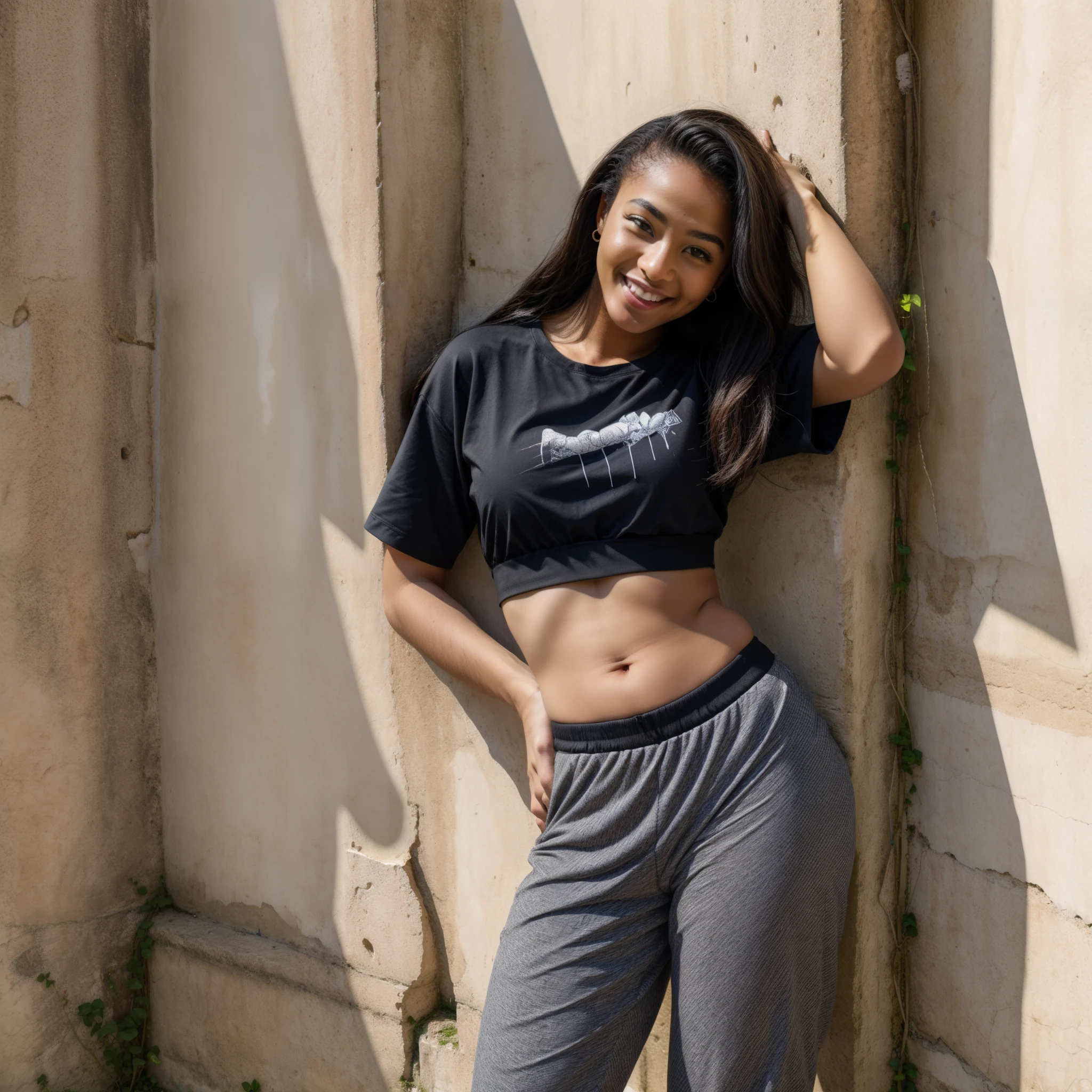 (YES NSFW), gorgeous cute Nigerian WOMAN, smiling, in Matera, (crop top), Steel gray hair loose braided hair, comics printed shirt, oversized jogger pants, lean against the wall showing buttocks, visible hairy vagina, backstreet, sassi_di_matera, (graffiti on the wall), hip-hop, smiling, hands behind head, perfectly symmetrical face, detailed black skin, moles on skin, vivid colours, HDR, hard shadows, art photography, soft focus, masterpiece, breathtaking, atmospheric perspective, diffusion, pore correlation, skin imperfections, 80mm Sigma f2, depth of field, intricate natural lighting, (in sassi_di_matera)