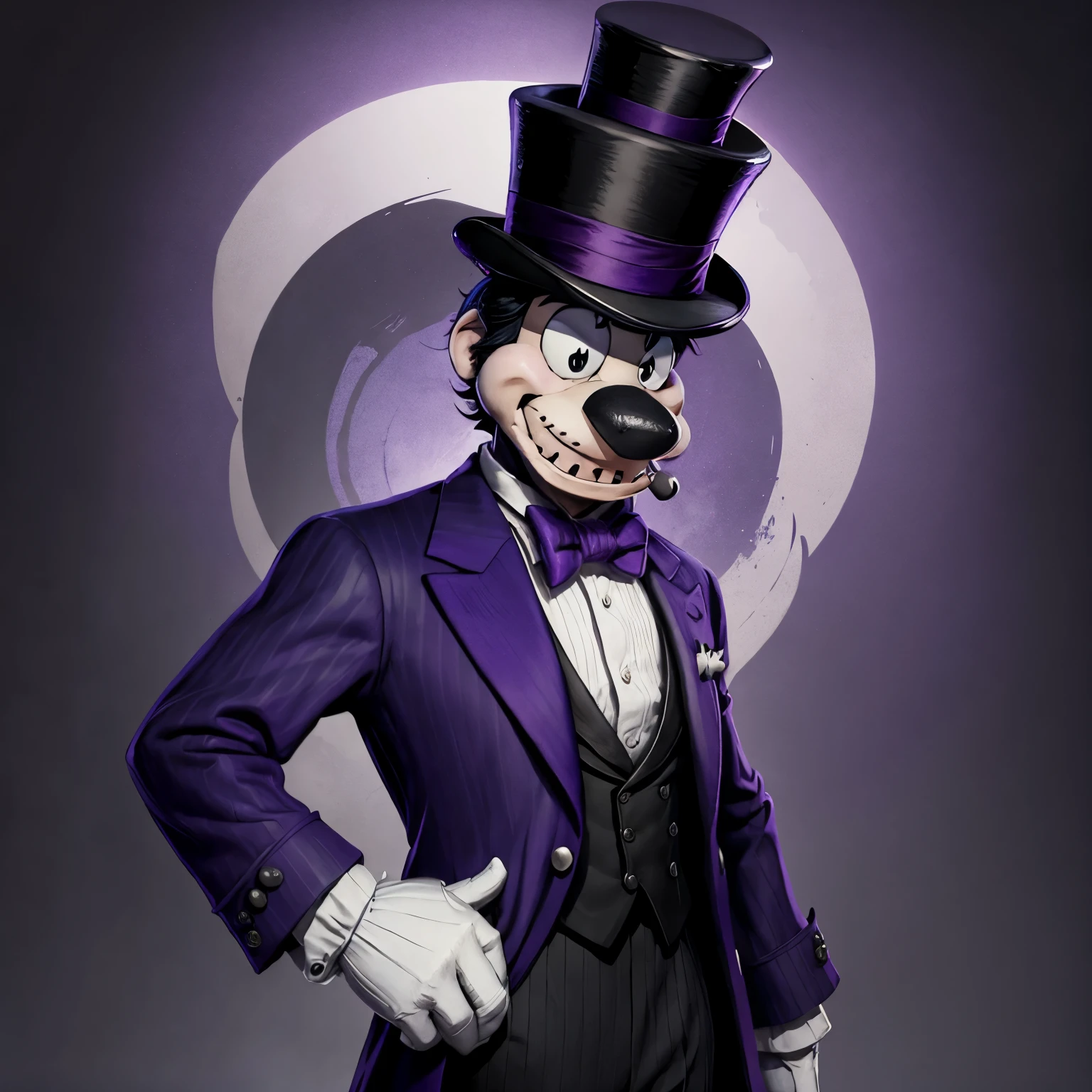 Tall steamboat willie with purple top hat and coat