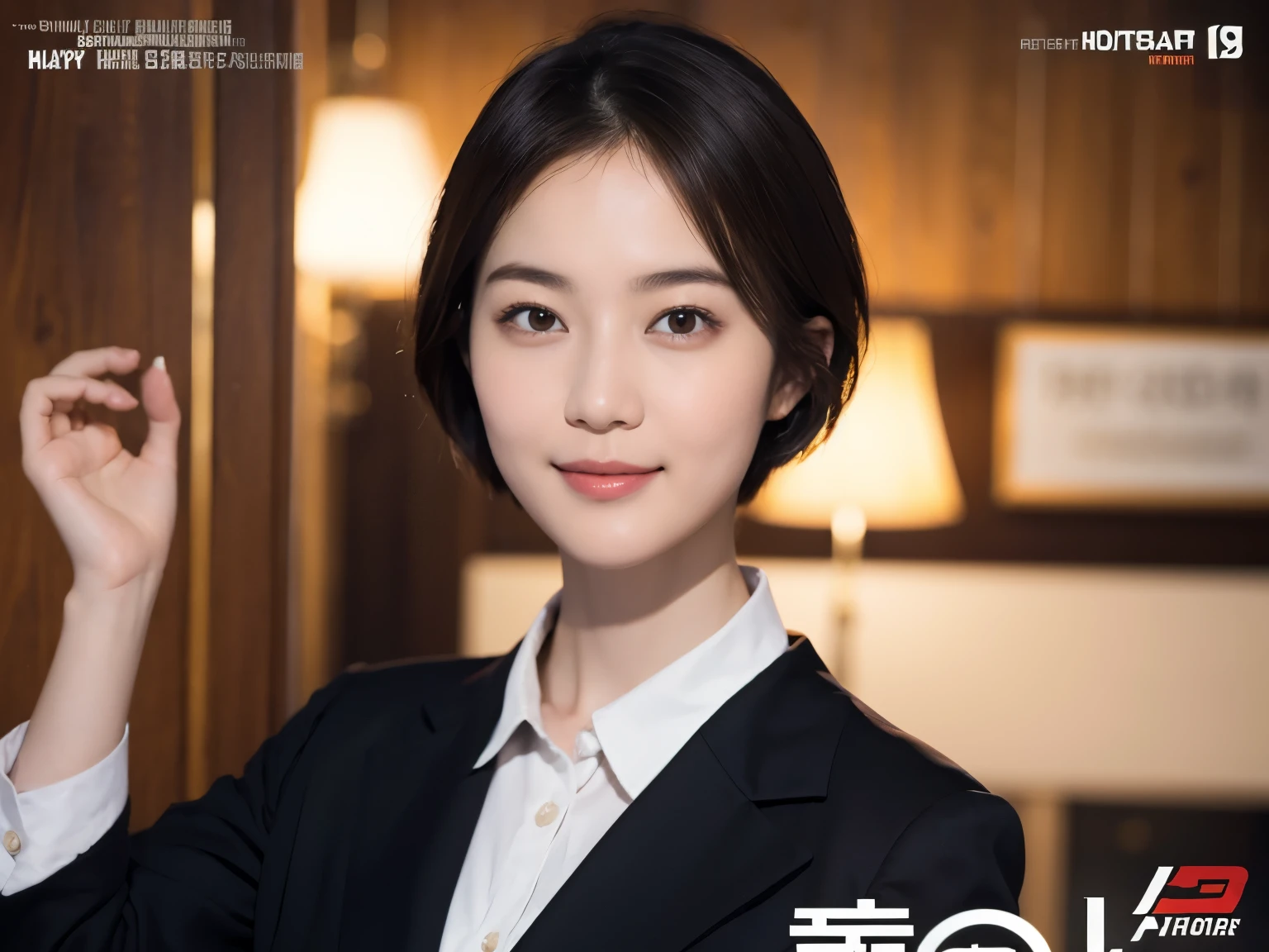 169
Shorthair, a 20 yo woman, gentle smile, working suit, spy movie poster