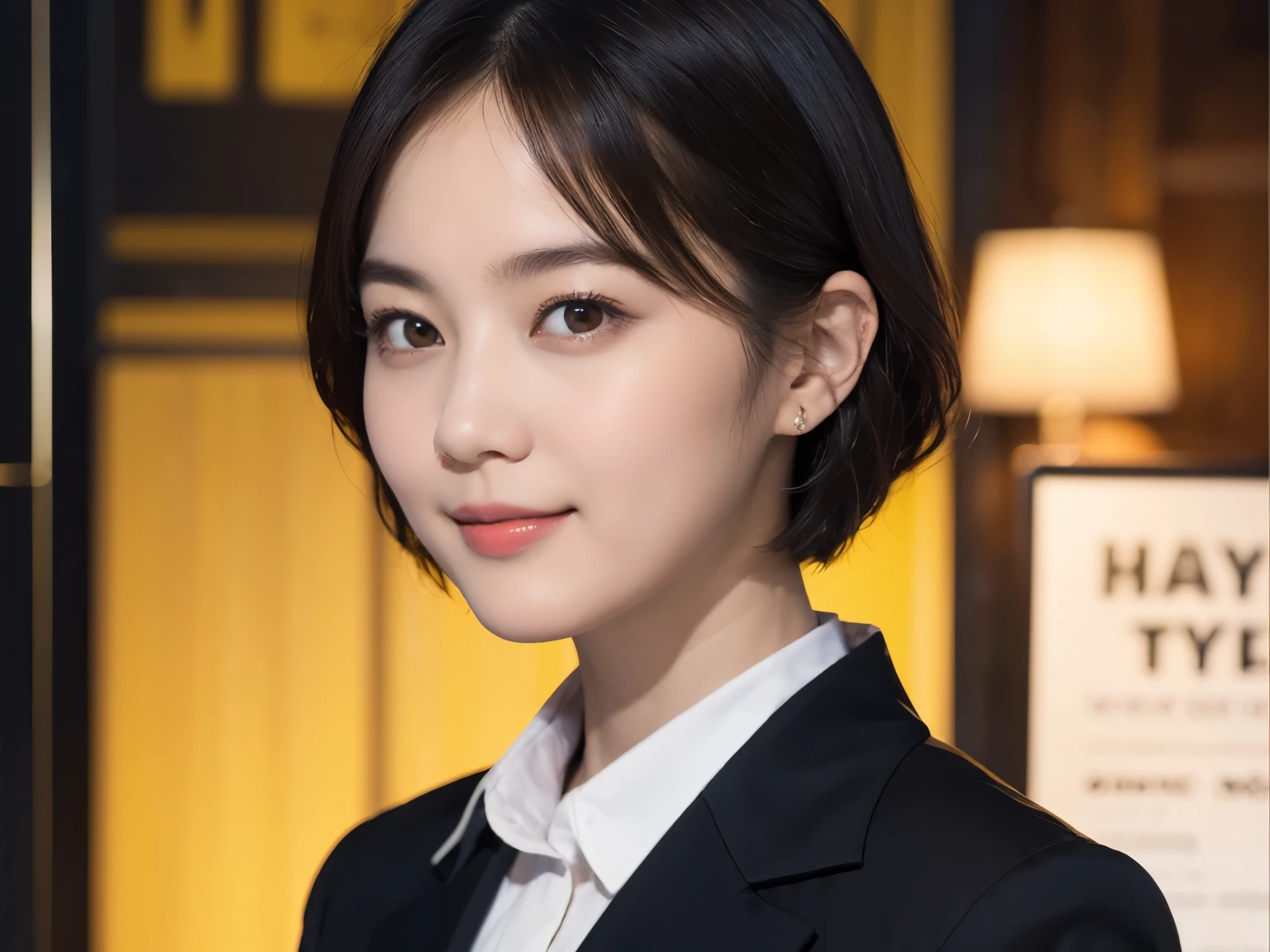 169
Shorthair, a 20 yo woman, gentle smile, working suit, spy movie poster