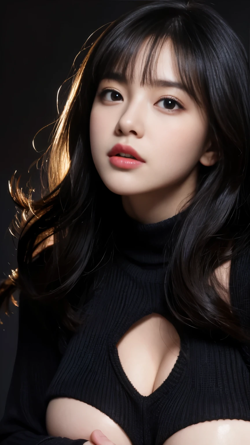 ultra high res, masterpiece, best quality, perfect glossy shiny skins, perfect lighting, detailed lighting, dramatic shadows, ray tracing, black sweater, looking at viewer, Big breasts, Exposed cleavage,, nsfw, ((Dark background)), Sexy face, Facial expressions when receiving pleasure, open mouse, straight Bangs,
