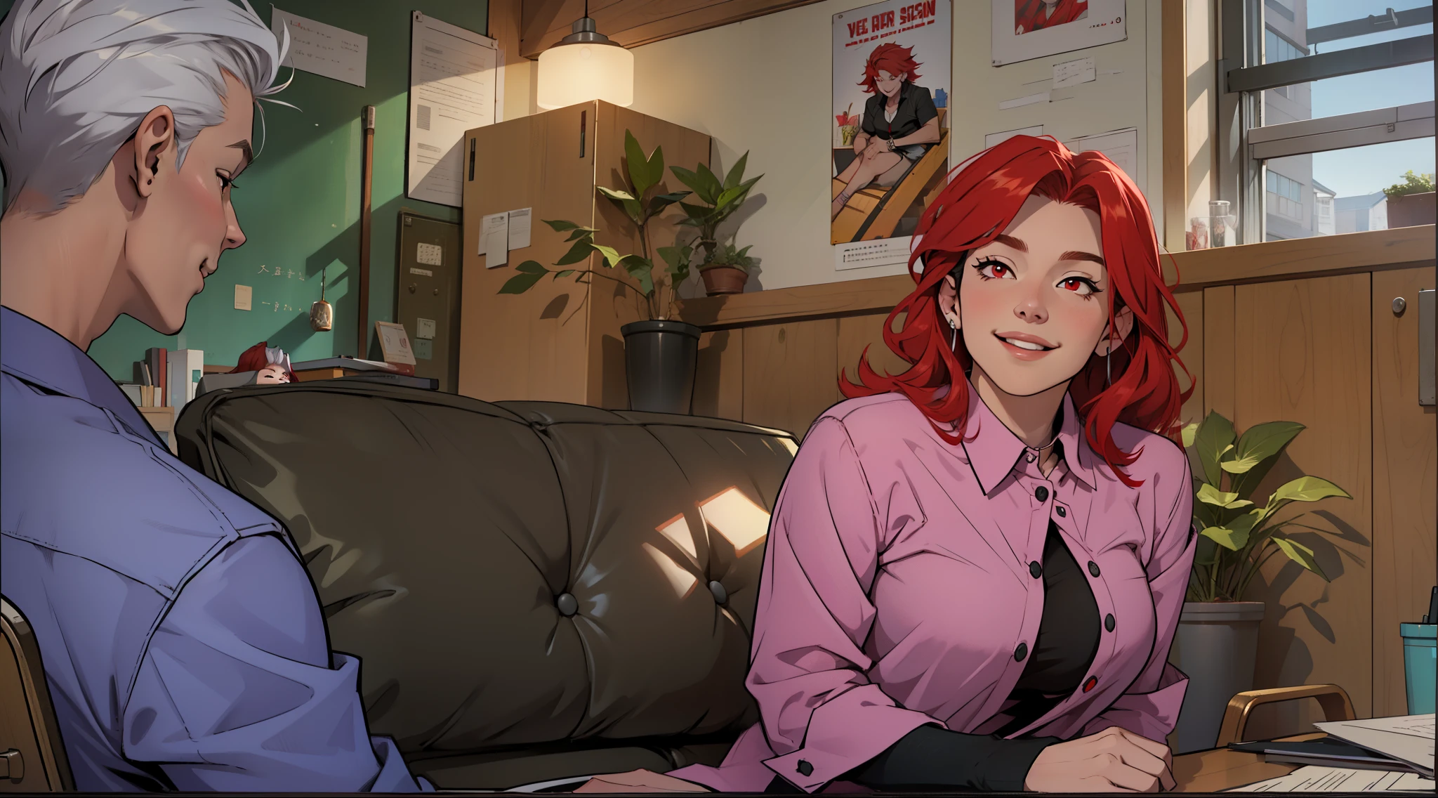 40-year-old woman, school principal, red hair, red eyes, smiling, talking evilly, she is blackmailing the young 16-year-old boy with silver hair, she is sitting, talking evilly to a student