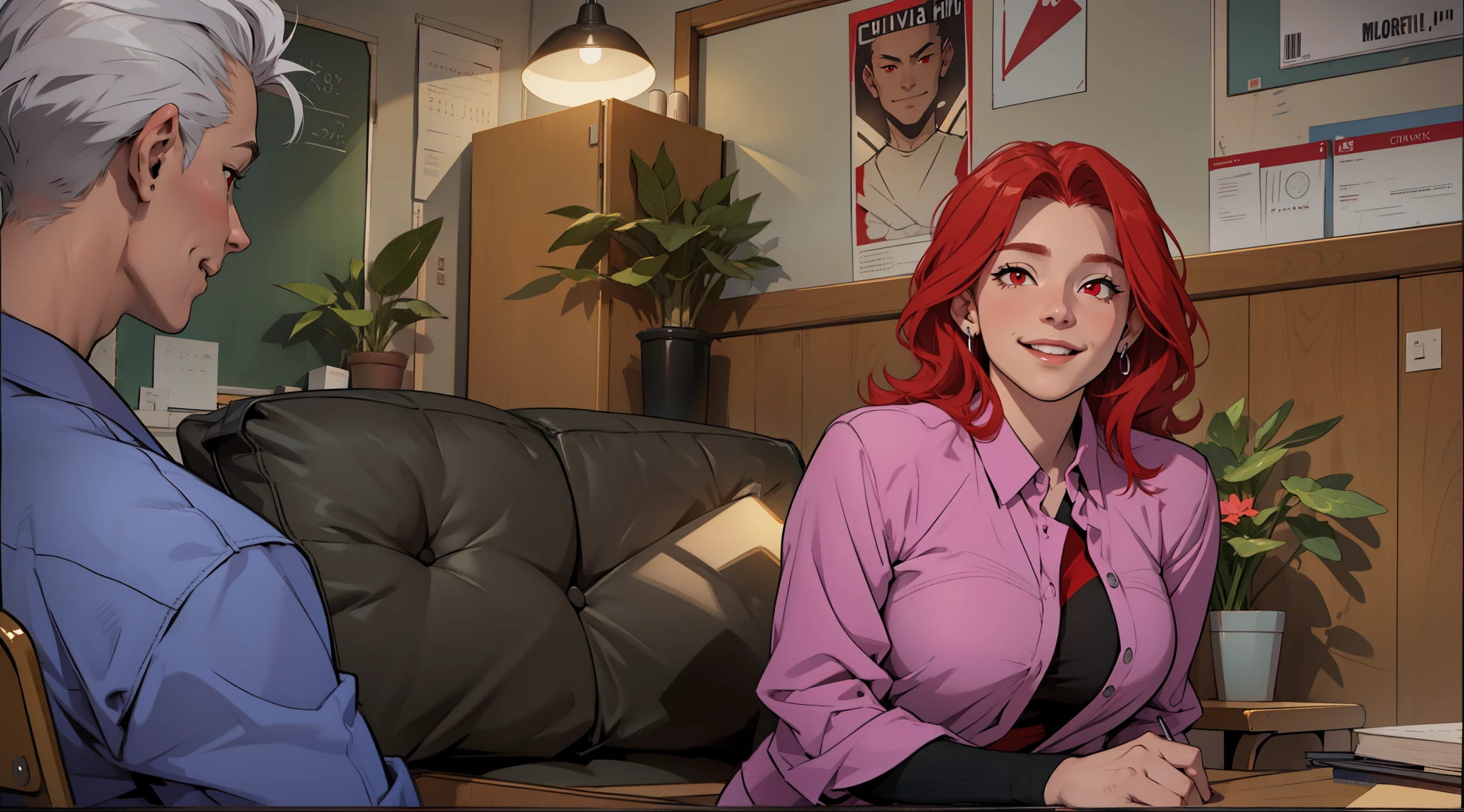 40-year-old woman, school principal, red hair, red eyes, smiling, talking evilly, she is blackmailing the young 16-year-old boy with silver hair, she is sitting, talking evilly to a student