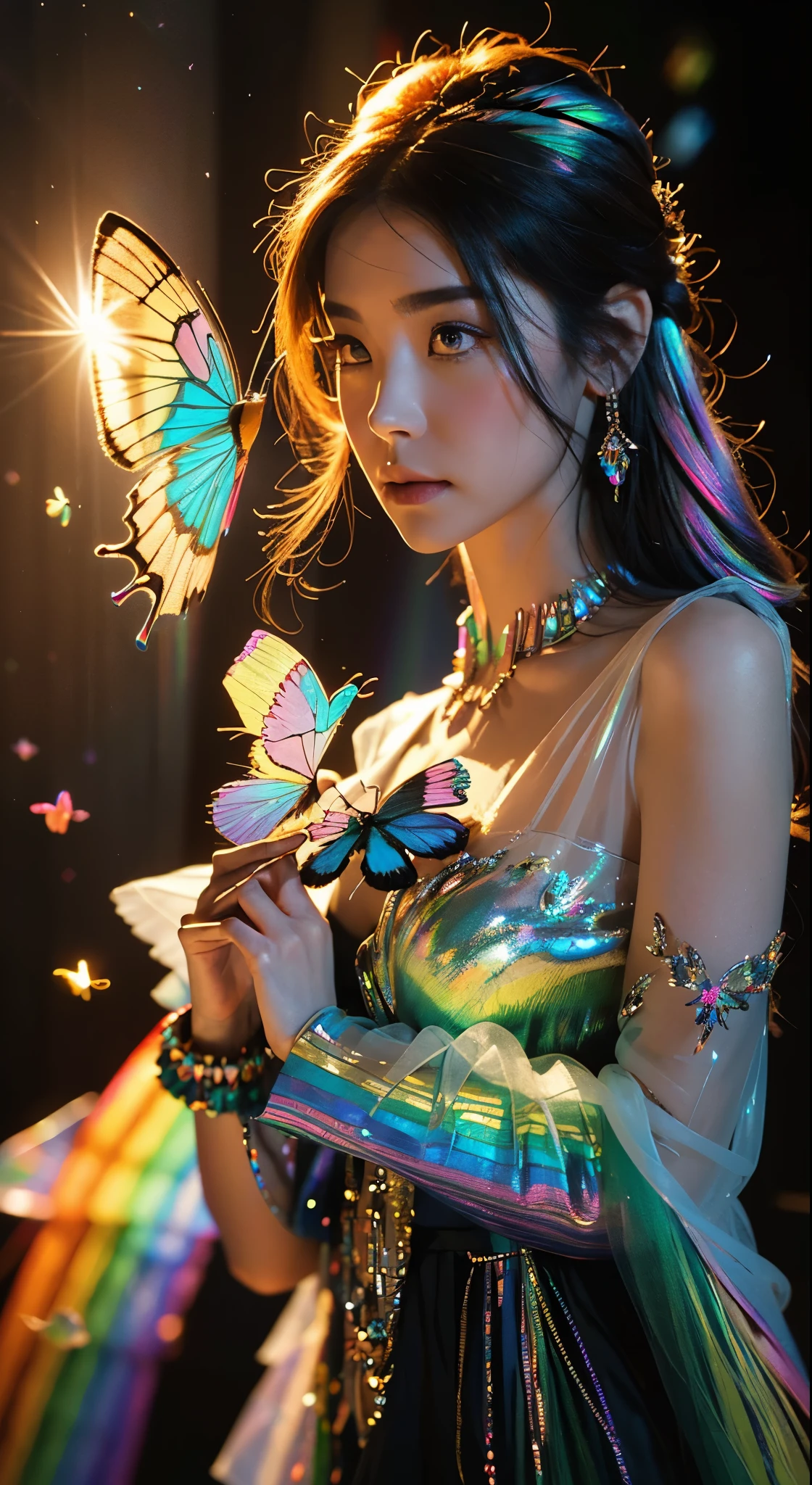 (((masterpiece))), (((best quality))), ((ultra-detailed)),(highly detailed CG illustration), ((an extremely delicate and beautiful)),cinematic light, Create a stunning fantasy artwork that mimics the style of currently trending masters of the genre. The art piece should contain elements of both mythic fantasy and fairytale fantasy with colorful rainbow accents and dark jewel-toned hues. ((Utilize the rainbow as the main color scheme.)) The character in the artwork is a delicate but strong figure with an aura of mystery and magic. Pay close attention to intricate facial features, such as mesmerizing eyes with vibrant colors and bold shading. The character's clothing should be designed with gossamer feathers, silk, stunning embroidery, and subtle iridescent details. Incorporate (((translucent iridescent rainbows))), dreamy colors, dynamic lighting, and detailed background elements to create a sense of awe and immersion. ((Include colorful flying magical birds and jewel-toned rainbow butterflies radiating a magical aura.)) Consider the latest trends in fantasy art, such as incorporating unique lighting effects, exploring dynamic and compelling composition techniques, and experimenting with unique color palettes. Take inspiration from the top artists on ArtStation and Midjourney. Camera: Choose an angle that highlights the character's beauty and enhances the magical majesty of the artwork. Lighting: Utilize atmospheric lighting techniques to create depth and mood. Resolution: Aim for a high-resolution artwork to showcase intricate details and clarity. Art Inspirations: Seek inspiration from the trending artists on ArtStation, exploring different styles, genres, and themes.
