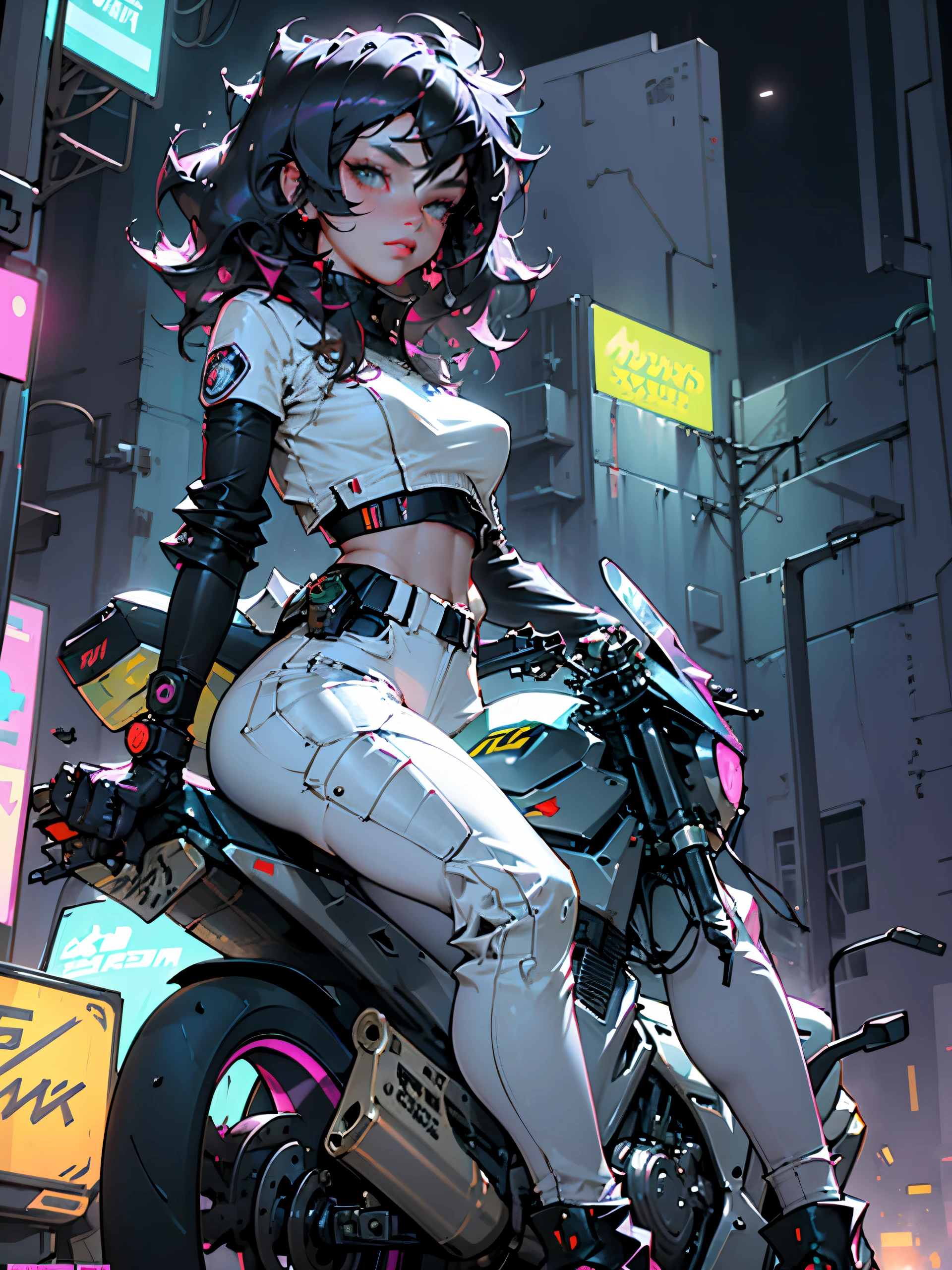 beautiful woman medium hair, Wear a hat, cyberpunk short clothes, cyberpunk police woman, Tomboy, Traffic police, (riding a futuristic bike 1.0), Police Hovercycle Patrol, night, neon