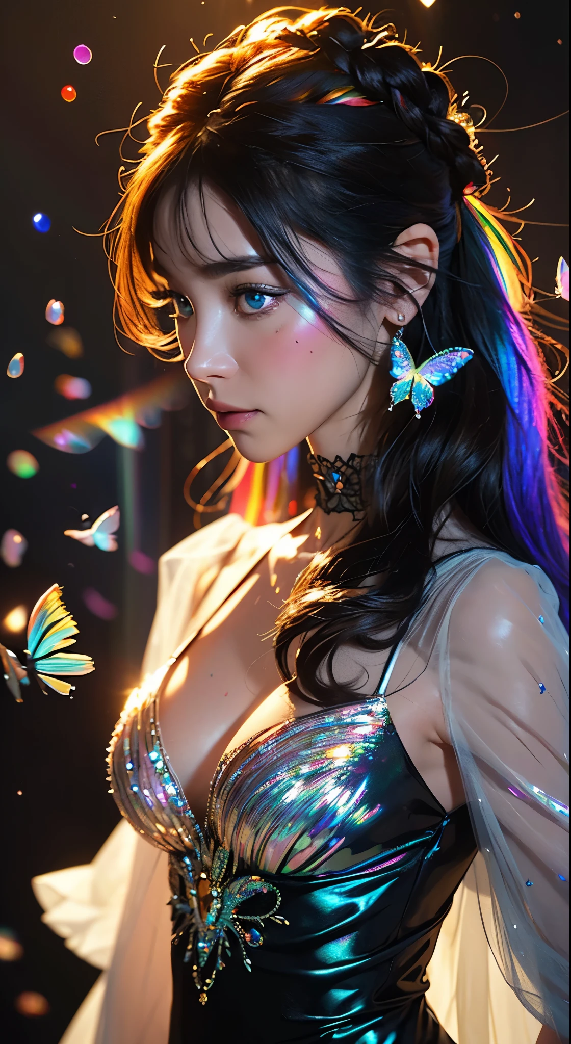 (((masterpiece))), (((best quality))), ((ultra-detailed)),(highly detailed CG illustration), ((an extremely delicate and beautiful)),cinematic light, Create a stunning fantasy artwork that mimics the style of currently trending masters of the genre. The art piece should contain elements of both mythic fantasy and fairytale fantasy with colorful rainbow accents and dark jewel-toned hues. ((Utilize the rainbow as the main color scheme.)) The character in the artwork is a delicate but strong  figure with an aura of mystery and magic. Pay close attention to intricate facial features, such as mesmerizing eyes with vibrant colors and bold shading. The character's clothing should be designed with gossamer feathers, silk, stunning embroidery, and subtle iridescent details. Incorporate (((translucent iridescent rainbows))), dreamy colors, dynamic lighting, and detailed background elements to create a sense of awe and immersion. ((Include colorful flying magical birds and jewel-toned rainbow butterflies radiating a magical aura.)) Consider the latest trends in fantasy art, such as incorporating unique lighting effects, exploring dynamic and compelling composition techniques, and experimenting with unique color palettes. Take inspiration from the top artists on ArtStation and Midjourney. Camera: Choose an angle that highlights the character's beauty and enhances the magical majesty of the artwork. Lighting: Utilize atmospheric lighting techniques to create depth and mood. Resolution: Aim for a high-resolution artwork to showcase intricate details and clarity. Art Inspirations: Seek inspiration from the trending artists on ArtStation, exploring different styles, genres, and themes.