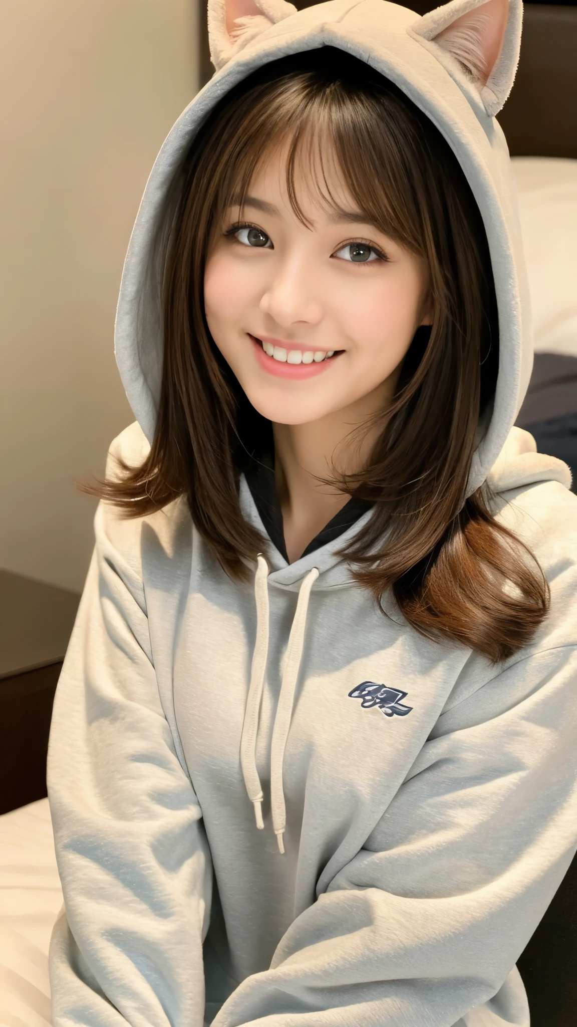 (close up shot)４K、High resolution、｟big breasts 1.6｠、looking at camera、｟smile 1.6｠｟brown hair｠、20-year-old、((straight long hair｠、1 girl、cat ear hooded hoodie、japanese woman、beautiful girl、well-groomed face、cute、sit on bed