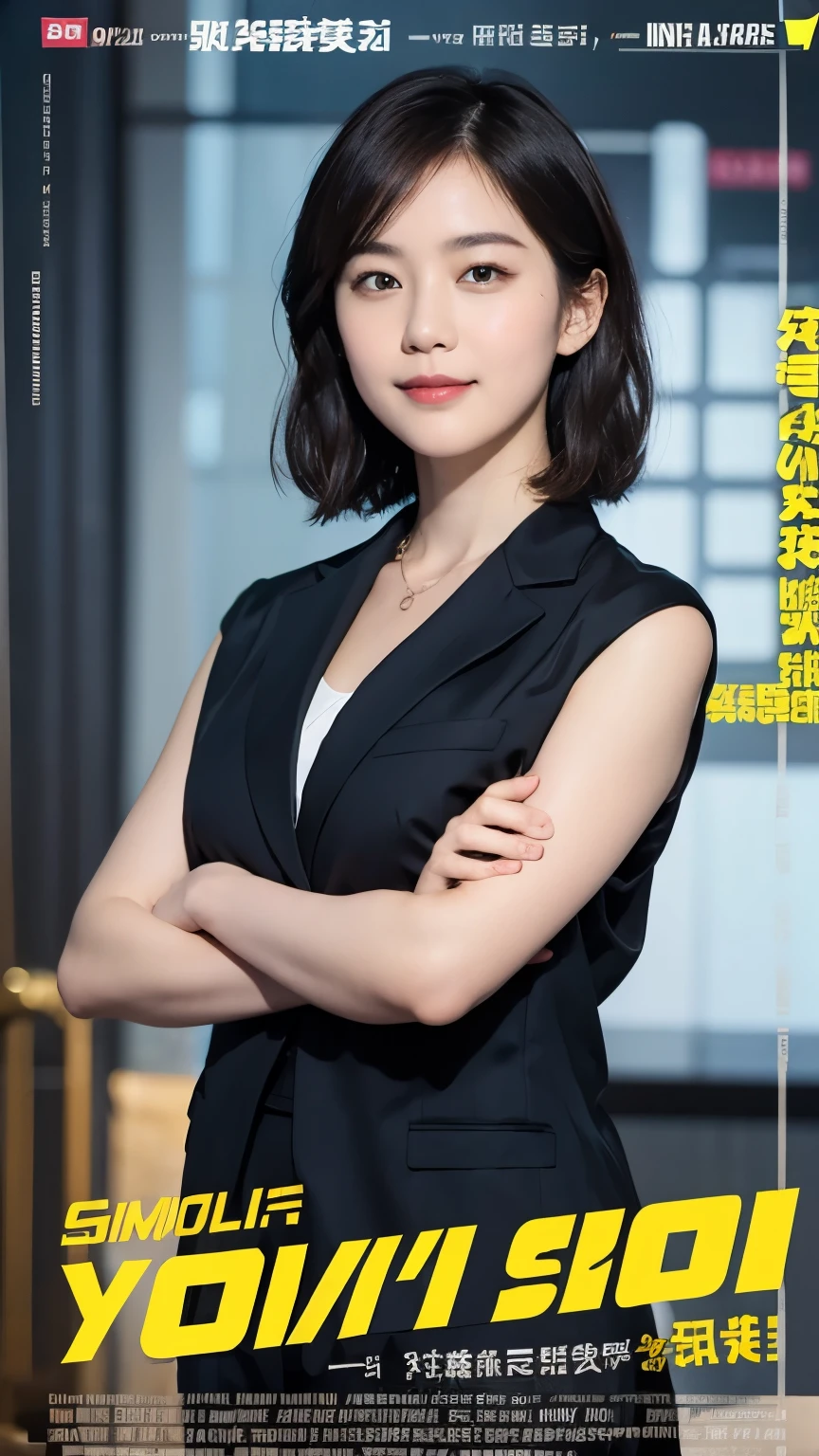 169
Shorthair, a 20 yo woman, gentle smile, working suit, spy movie poster