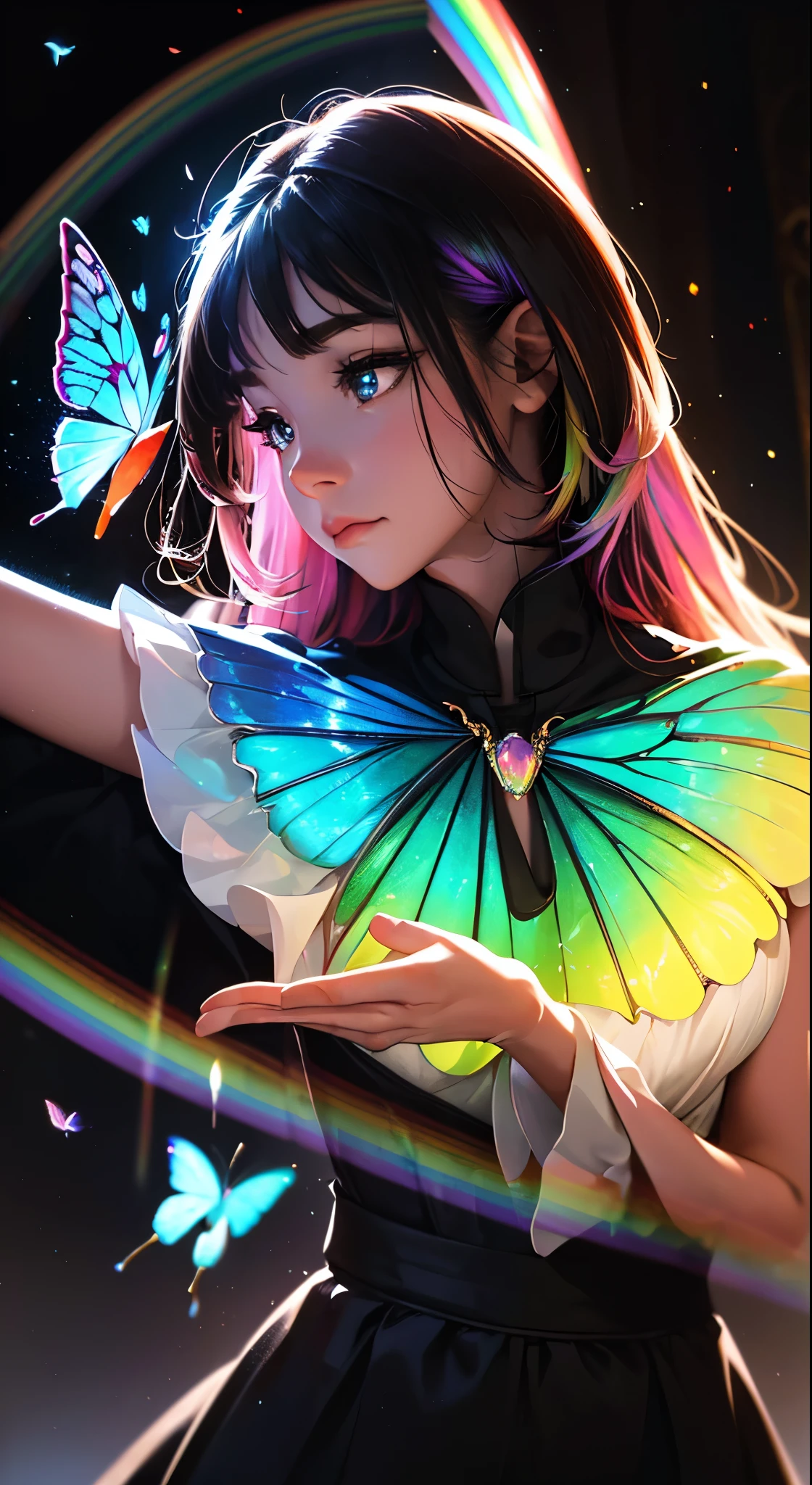 (((masterpiece))), (((best quality))), ((ultra-detailed)),(highly detailed CG illustration), ((an extremely delicate and beautiful)),cinematic light, Create a stunning fantasy artwork that mimics the style of currently trending masters of the genre. The art piece should contain elements of both mythic fantasy and fairytale fantasy with colorful rainbow accents and dark jewel-toned hues. ((Utilize the rainbow as the main color scheme.)) The character in the artwork is a delicate but strong  figure with an aura of mystery and magic. Pay close attention to intricate facial features, such as mesmerizing eyes with vibrant colors and bold shading. The character's clothing should be designed with gossamer feathers, silk, stunning embroidery, and subtle iridescent details. Incorporate (((translucent iridescent rainbows))), dreamy colors, dynamic lighting, and detailed background elements to create a sense of awe and immersion. ((Include colorful flying magical birds and jewel-toned rainbow butterflies radiating a magical aura.)) Consider the latest trends in fantasy art, such as incorporating unique lighting effects, exploring dynamic and compelling composition techniques, and experimenting with unique color palettes. Take inspiration from the top artists on ArtStation and Midjourney. Camera: Choose an angle that highlights the character's beauty and enhances the magical majesty of the artwork. Lighting: Utilize atmospheric lighting techniques to create depth and mood. Resolution: Aim for a high-resolution artwork to showcase intricate details and clarity. Art Inspirations: Seek inspiration from the trending artists on ArtStation, exploring different styles, genres, and themes.