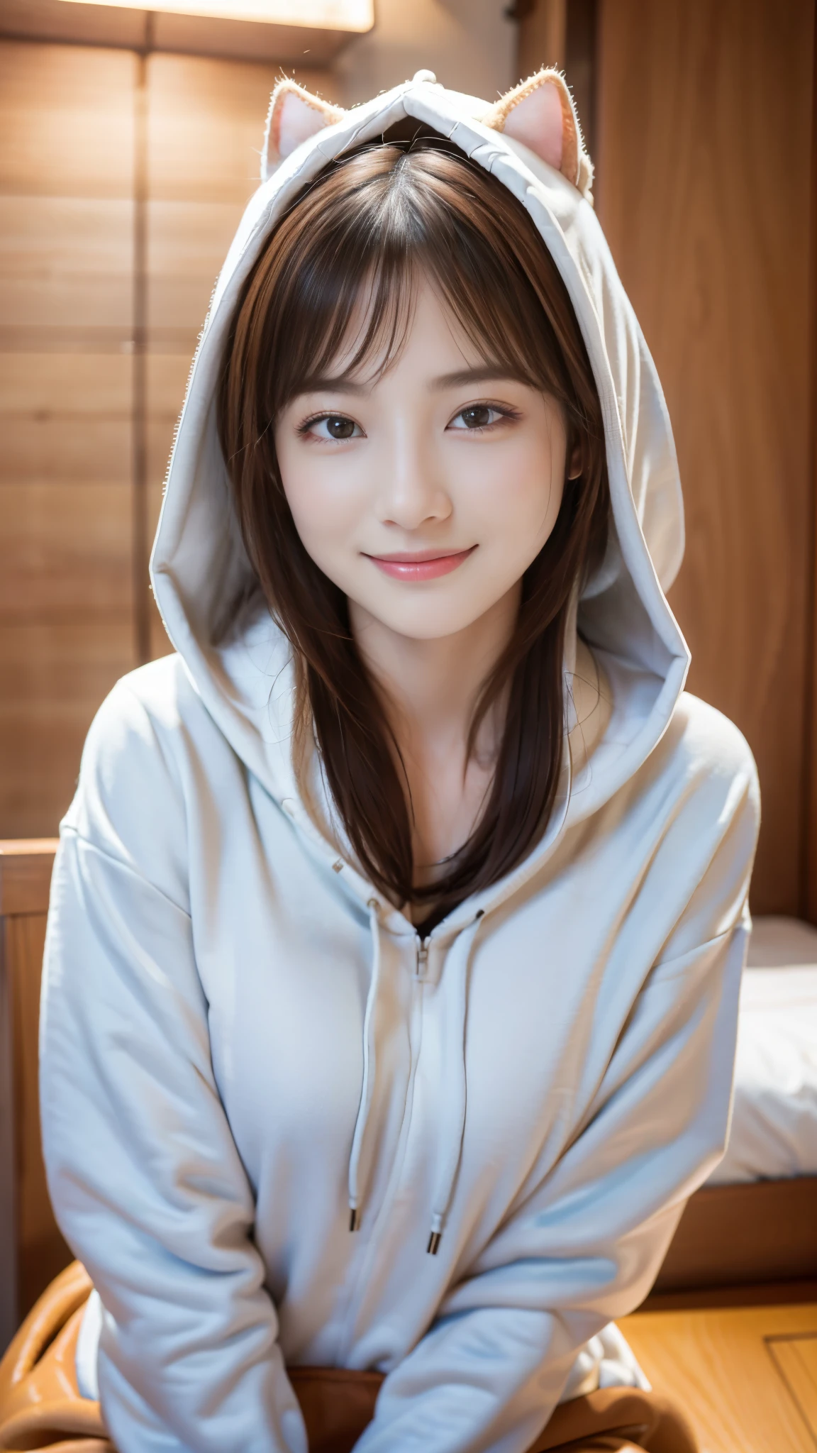 (close up shot)4K、High resolution、⦅big breasts 1.6⦆、looking at camera、⦅smile 1.6⦆⦅brown hair⦆、20-year-old、((straight long hair⦆、1 girl、cat ear hooded hoodie、japanese woman、beautiful girl、well-groomed face、cute、sit on bed
