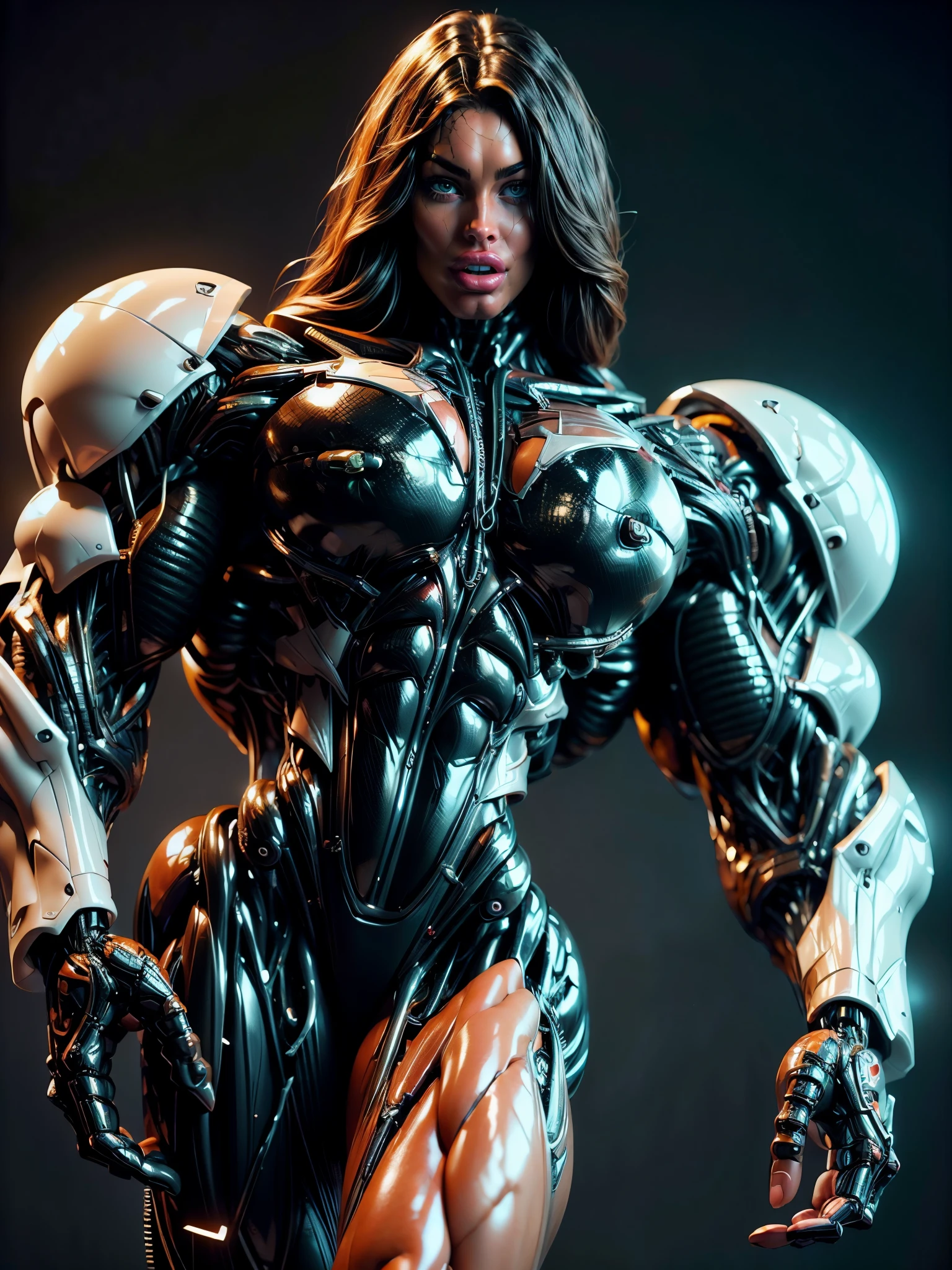 (1 girl), (megan fox:1.25), (muscular android girl wearing a black anatomic cybernetic muscle suit:1.25), (wide shoulders:1.25), (muscular defined physique:1.25), perfect hands, long hair, large breasts, high resolution image, extreme detail, blank background