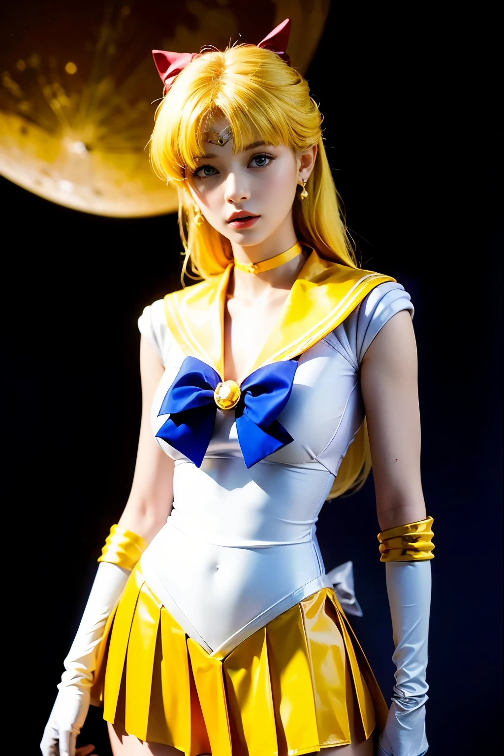 ((masterpiece:1.4)、(highest quality:1.4)、(realistic:1.7))、Masseter muscle part:1.4、beautiful girl、(sailor moon:1.4)、Tsukino Usagi、Body fit sexy sailor warrior uniform、(latex shiny)、(The jacket is a white sleeveless sailor uniform.)、(Skirt Blue Sexy Ultra Ultra Pleated Mini Skirt)、The collar of the sailor suit is blue with two thin lines..、high leg swimsuit、red cloth decoration on the chest、(wearing white gloves)、pretty girl、Super beautiful、sharp focus、portrait photography、(perfect female body:1.4)、perfect proportions、Upper body shot:1.4、beautiful face、beautiful eyes、tight waist、beautiful feet、(yellow hair:1.4)、(hair length:1.2)、beautiful breasts、big and full breasts:1.2、sexy ass、RAW photo、red lips、red high heels:1.4、choker:1.4、necklace:1.4、earrings:1.4、luxurious golden tiara:1.4、1 screen display、moon、cosmos、spaceship、space station、city of the future