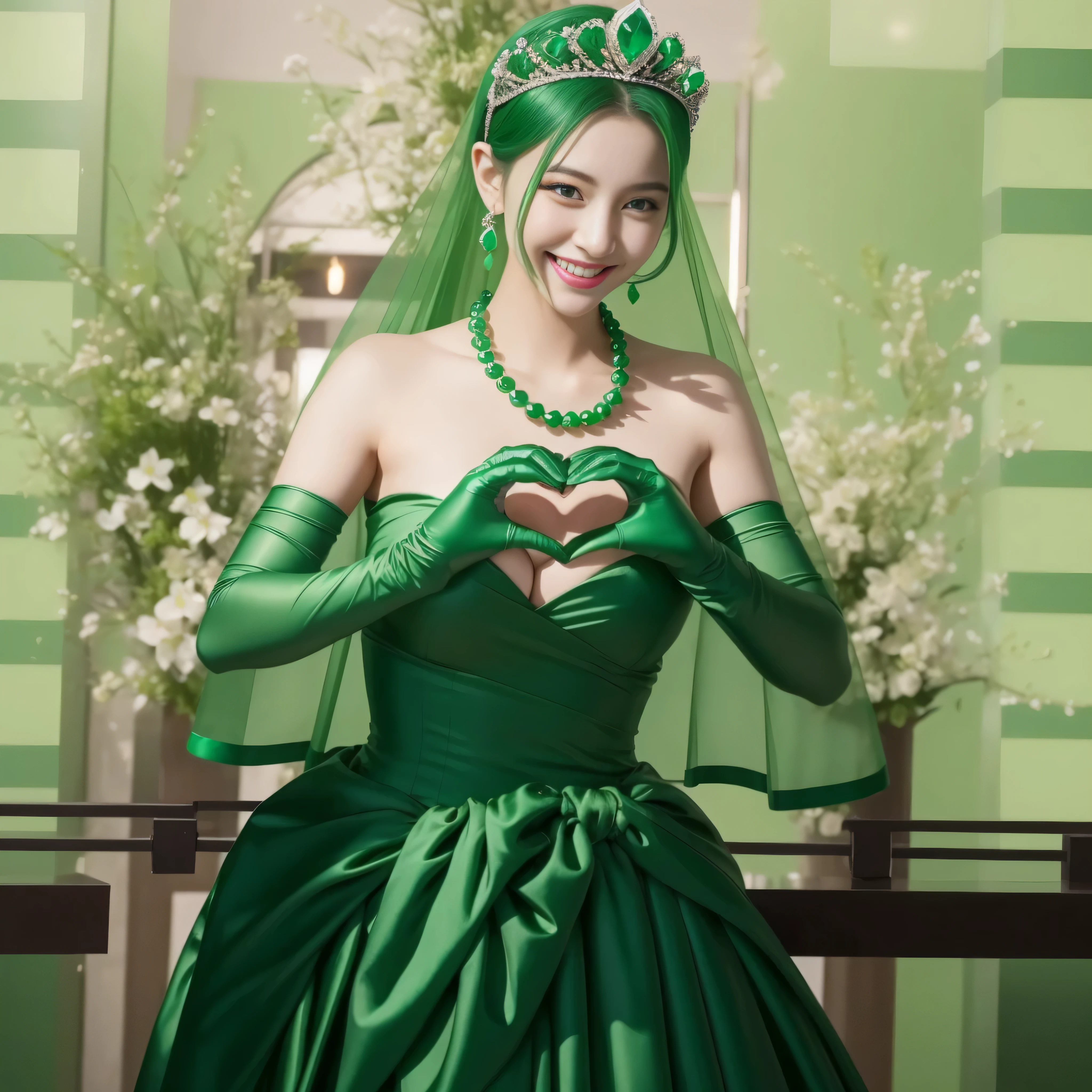 emerald tiara, Green Pearl Necklace, ボーイッシュな非常に短いgreen hair, lipstick, smiling Japanese woman, very short hair,  beauty of big breasts, green eyes, green satin long gloves, green eyes, emerald earrings, Green veil, Heart with both hands, green hair, beautiful japanese woman, heart shaped hands:1.3, green lip gloss