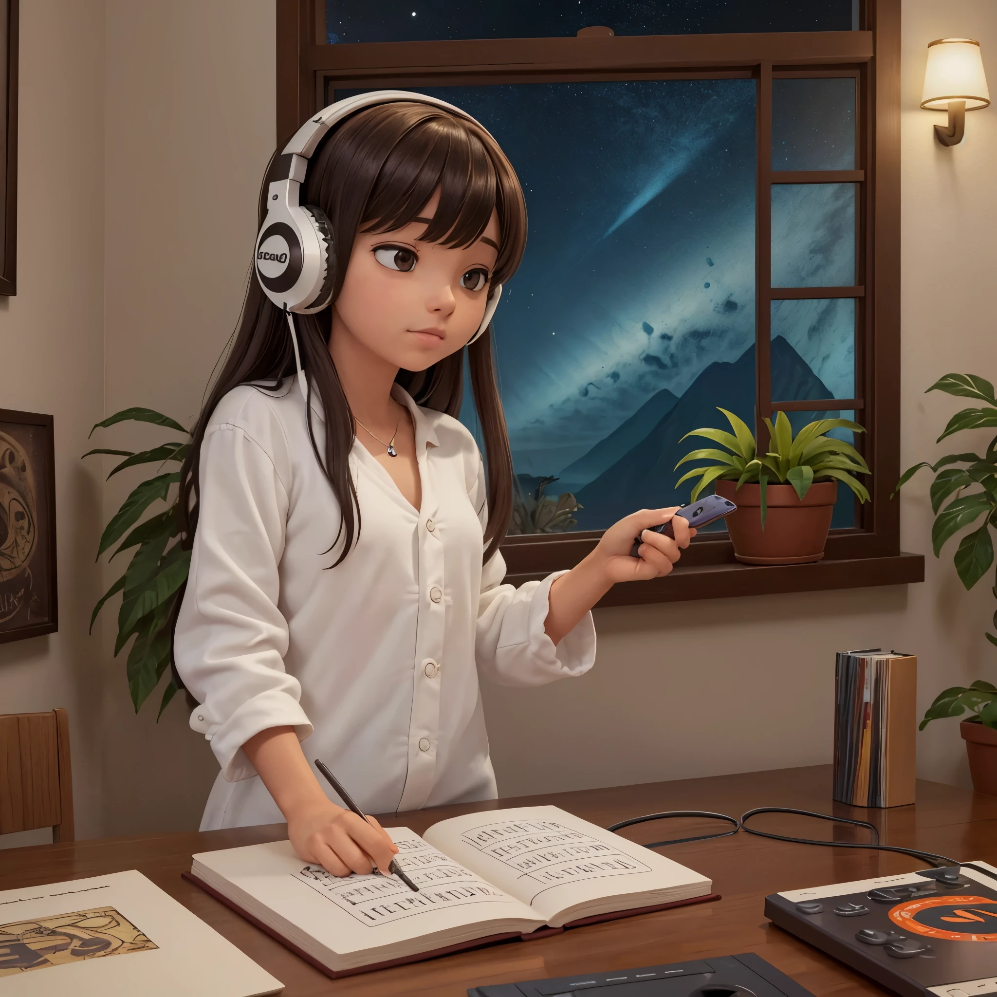 Girl studying and listening to music in a cozy room at night, Usando fones de ouvido, Anime estilo 2D, lo-fi, hard disk, Ambiente escuro,Foto de uma linda jovem de 20 anos, Listening to music with headphones, Super detalhe, retro wave, Ciberpunk, sad vibe, luz noturna pela janela, Jamaican statue by the window, Night vibrations, Um quarto, 2D, (Tiro longo), plano amplo, (barulho do filme), desenho animado antigo, (Muitos registros: 1.3), vinil record store, (obra de arte, qualidade muito alta, qualidade muito alta, arte oficial, beautiful and aesthetic: 1.2), (Muito detalhado, (arte fractal: 1.4 ), guitarra, (notas: 1.4), (hip-hop lo-fi), Vista lateral, textura de anime antigo, sozinho, Alto-falante, Ciberpunk, vinil, noite,hot cup of coffee, vaso com planta linda verde,cahorro peludinho de raça Yorkshire Terrier, picture on the wall with sonolândia written on it, telefone iphone sobre a mesa,estrelas no ceu passando um aviao ,uma linda calopsita branca em cima da mesa