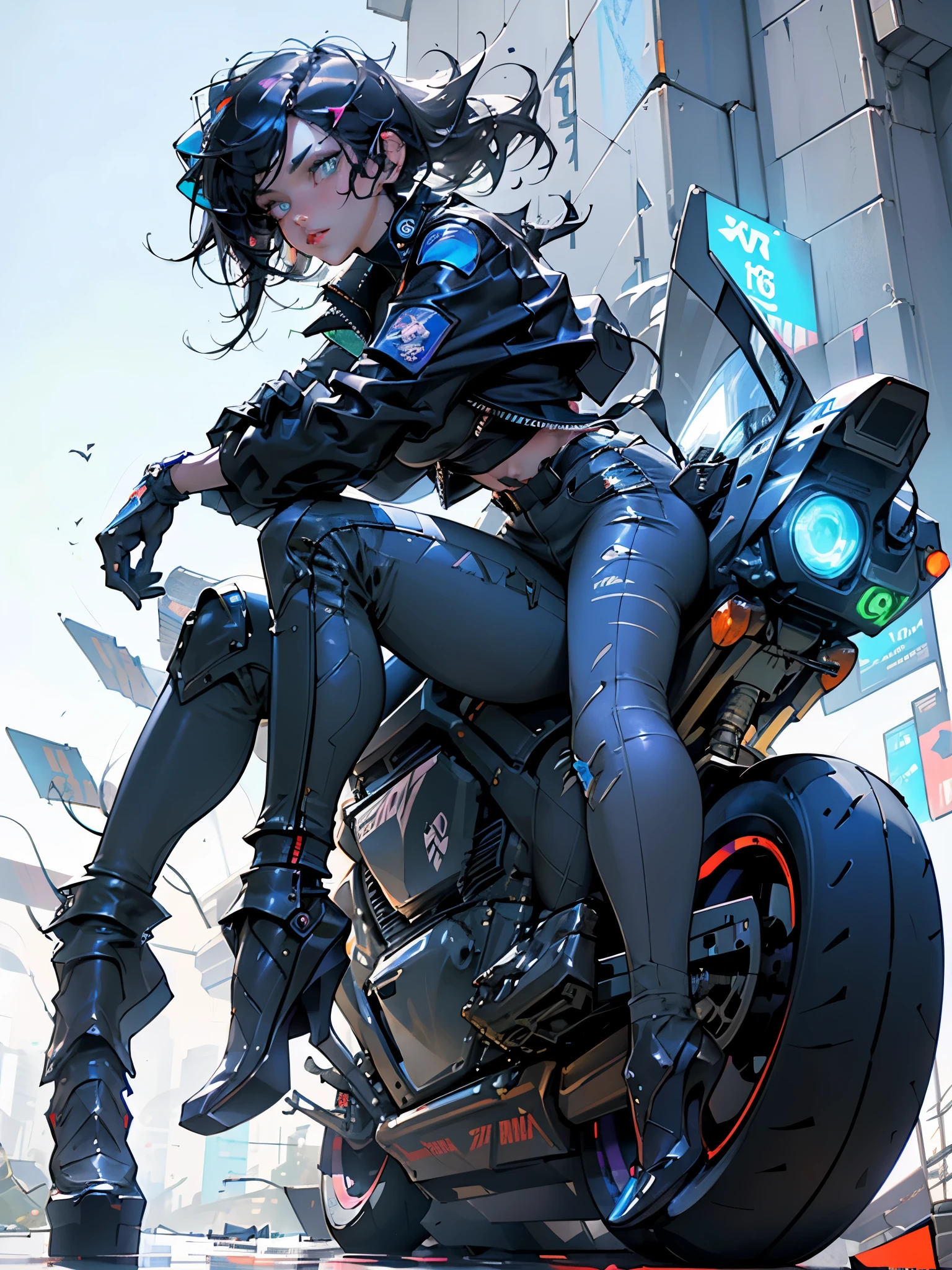 beautiful woman medium hair, Wear a hat, cyberpunk short clothes, cyberpunk police woman, Tomboy, Traffic police, (Riding a futuristic motorcycle 1.0), Police Hovercycle Patrol, night, neon