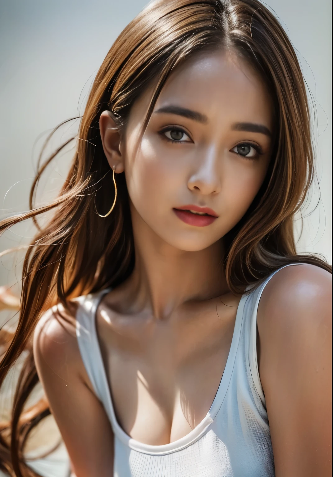 (8Khigh resolution), (highest quality), (RAW image quality),(table top:1.2), (realistic), (realistic:1.37), goose egg face,White-eye,long eyelashes,exquisite（Live-action realistic style）,ultimate face,realistic light and shadow,clear facial features,milky skin,Fair skin, high detail skin,realistic skin details,visible pores,（Super detailed）,hair length is random, （flowing hair）,shoot for viewers,Shooting from close range,Super detailedな, 1 girl, cute,detailed and beautiful eyes, beautifully detailed nose, highly detailed skin,whole body,I can see the cleavage ,(eye contact),(big breasts、Breast augmentation)、(Beautiful face with double eyelids),((whole body画像)), (realism: 1.4),high resolution, excellent details, ultra high resolution, (realism: 1.4),  best illustrations, Favor details, condensed 1girl,delicate and beautiful face, 1 girl、20-year-old、(beautiful face 1.4)、Slender、((Beautiful woman in a white T-shirt,I&#39;m not wearing anything except a white T-shirt)),highly detailed face,clear white skin,((Show your viewers the best smile)),((whole body shooting)),Slenderボディスタイル),(in the street),very beautiful feet,walk like a model