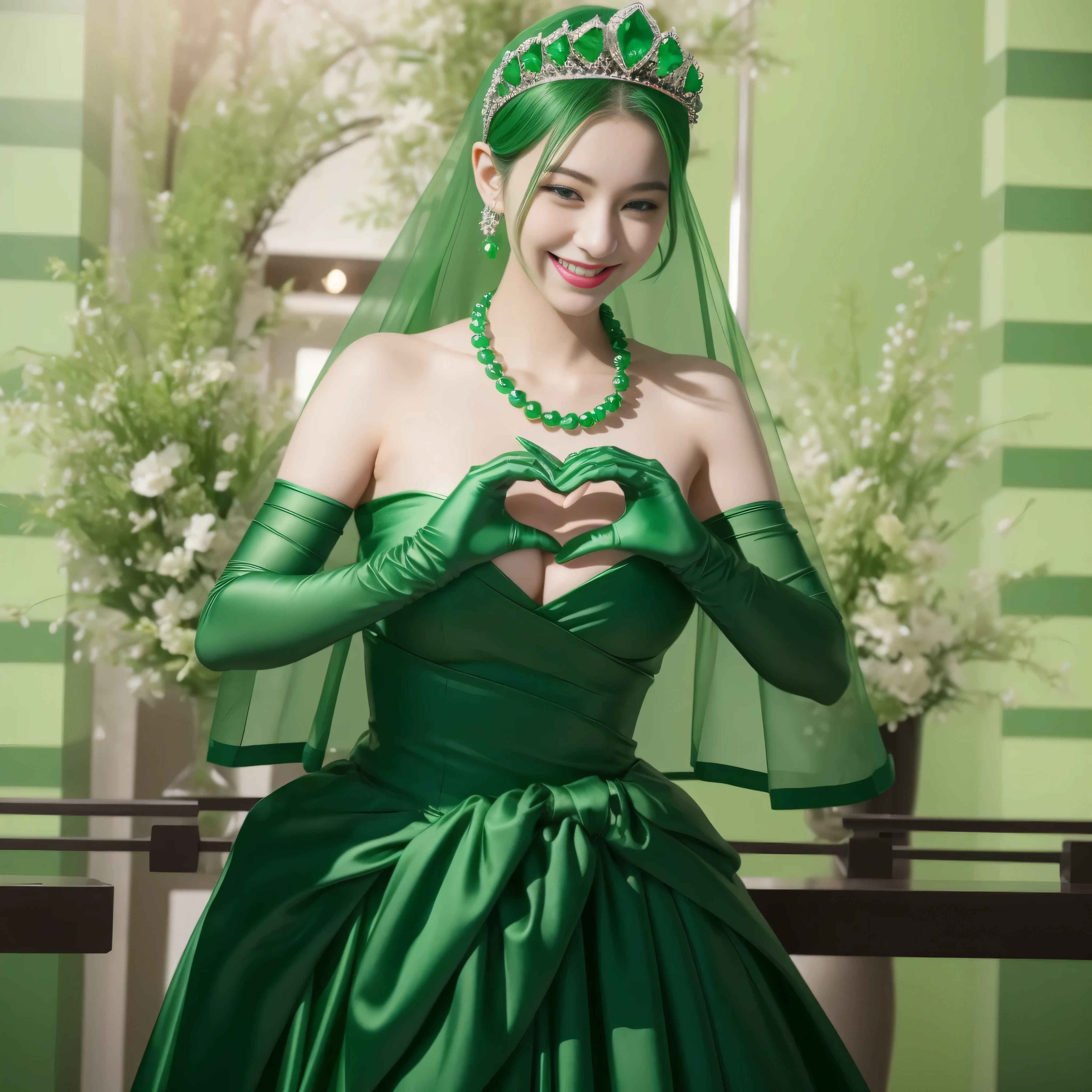 emerald tiara, Green Pearl Necklace, ボーイッシュな非常に短いgreen hair, lipstick, smiling Japanese woman, very short hair, beauty of big breasts, green eyes, green satin long gloves, green eyes, emerald earrings, Green veil, Heart with both hands, green hair, beautiful japanese woman, heart shaped hands:1.3, green lip gloss