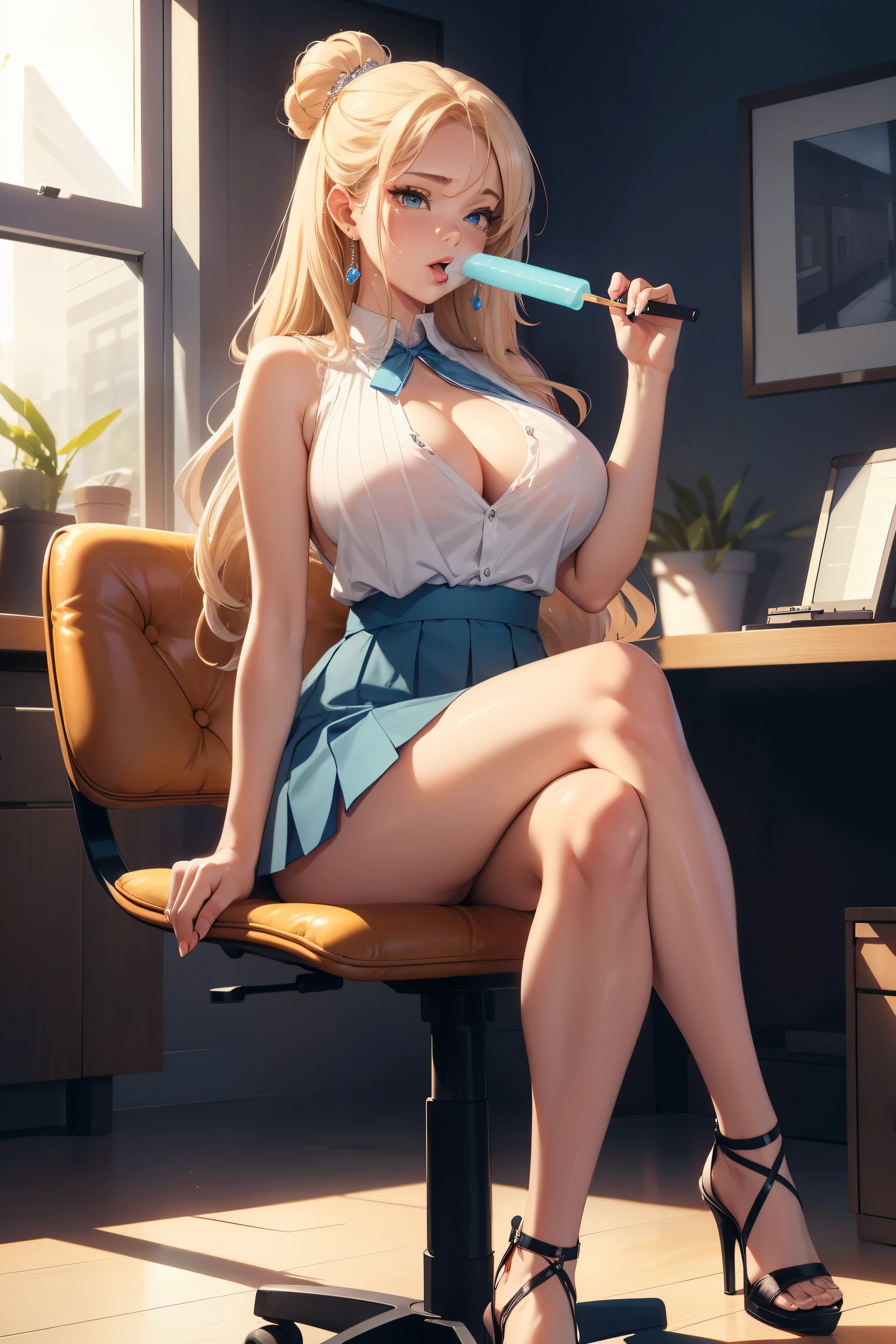 (masterpiece, best quality, 4k, photorealistic, cinematic, ultra-detailed), wide shot, full body, perfect anatomy, curvaceous body, long round legs, 1 girl, blonde hair, sitting in an office chair, crossing her legs, Lavender sleeveless blouse, powder blue pleated mini skirt, silver wedge heels, loose curls or a romantic bun, teardrop earrings, licking a popsicle, dripping on her breasts, sweating, moaning with ecstasy 