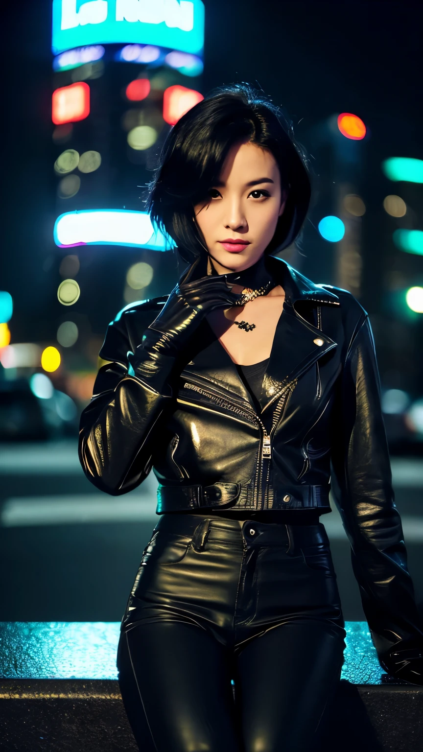 black leather rider jacket, office in the dark, Fingertips of black leather gloves on both hands,wearing black leather gloves,sitting in a black leather chair、 Japanese female new employee (black leather gloves cover both hands) (The angle is horizontal)、black leather leather pants,black leather black leather pants,black leather skinny pants、Long black leather boots on both feet、black hair ponytail ((He wears black leather gloves on his hands))Full body photo,full body shot full body full body leather suit,☺If you turn in this direction。wearing black leather gloves,wearing black leather gloves,wearing black leather gloves,wearing black leather gloves,wearing black leather gloves,wearing black leather gloves,黒のレザーパンツが美しい😍黒のレザーパンツが美しい😍黒のレザーパンツが美しい,😍I'm smiling while looking at you,city lights、((neon cyberpunk city street:1.3))、(neon light)、detailed lighting