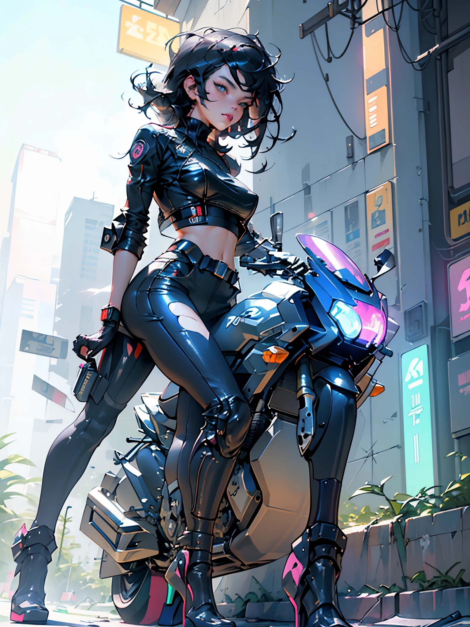 beautiful woman medium hair, Wear a hat, cyberpunk short clothes, cyberpunk police woman, Tomboy, Traffic police, (Riding a futuristic motorcycle 1.0), Police Hovercycle Patrol, night, neon
